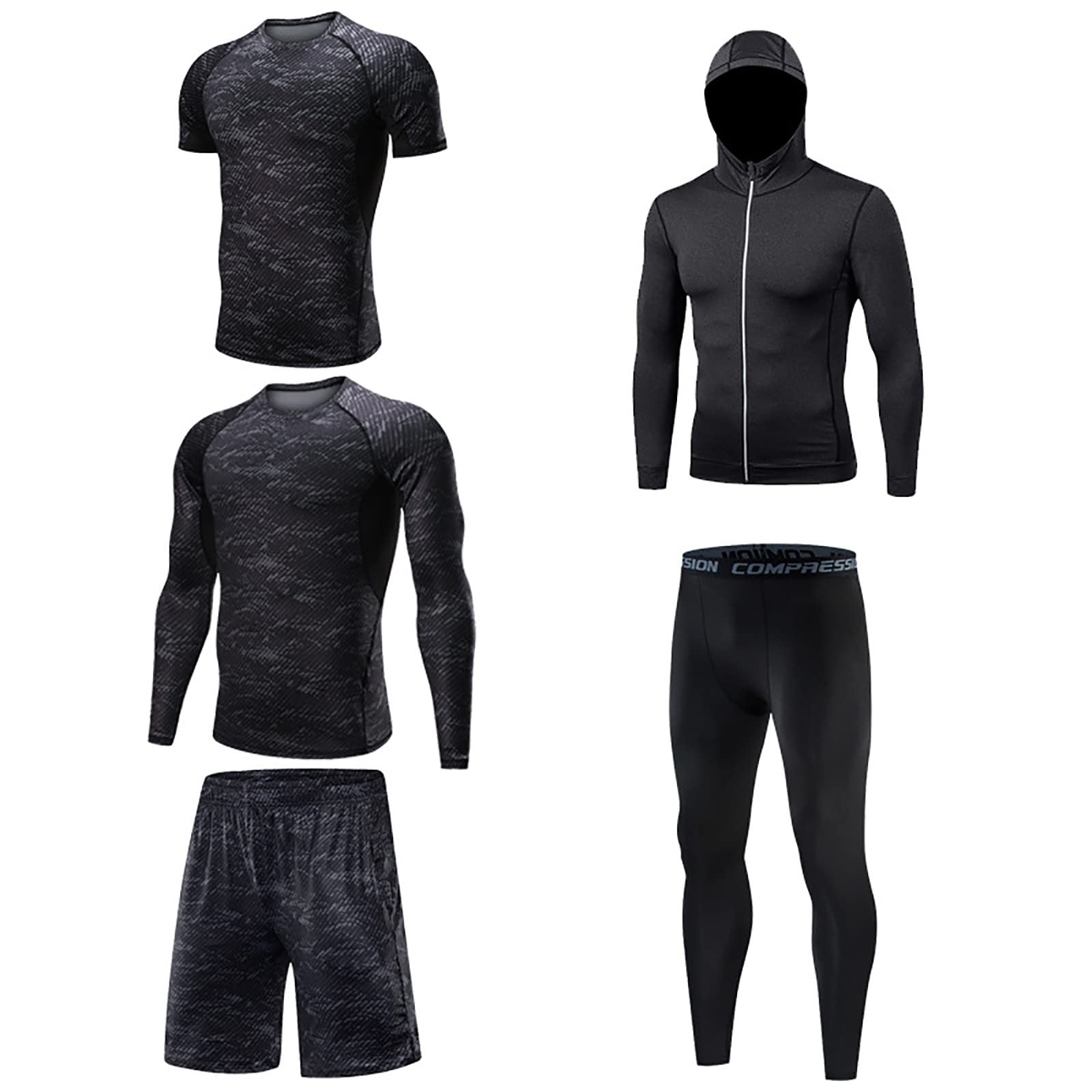 5Pcs Men’s Thermal Underwear Set - Compression Base Layer, Cool Dry Gym Clothes with Tops, Jacket, Fitting Shorts & Leggings - Perfect for Winter Sports, Workouts & Outdoor Activities