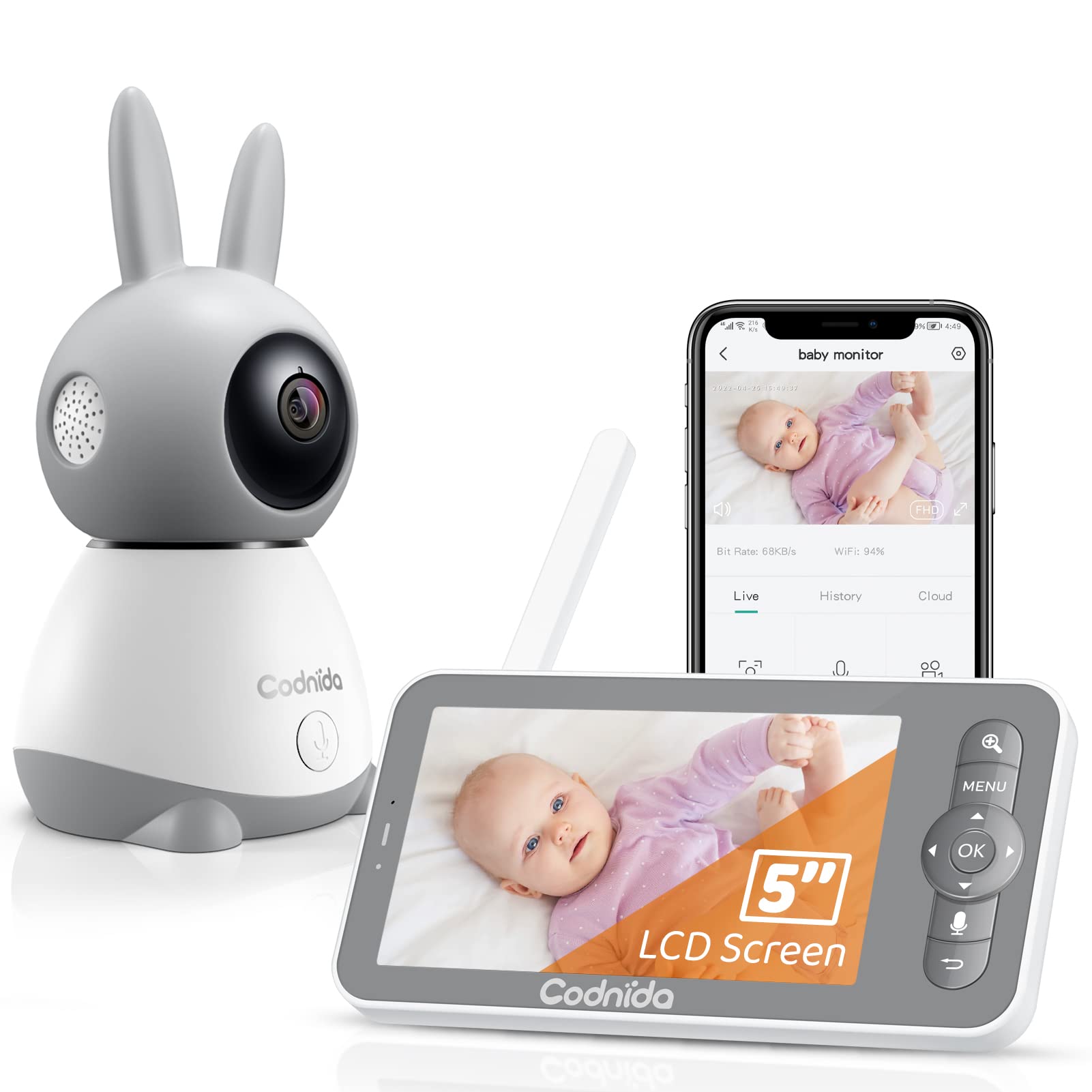 Codnida 2.4Ghz WiFi Baby Monitor with 5