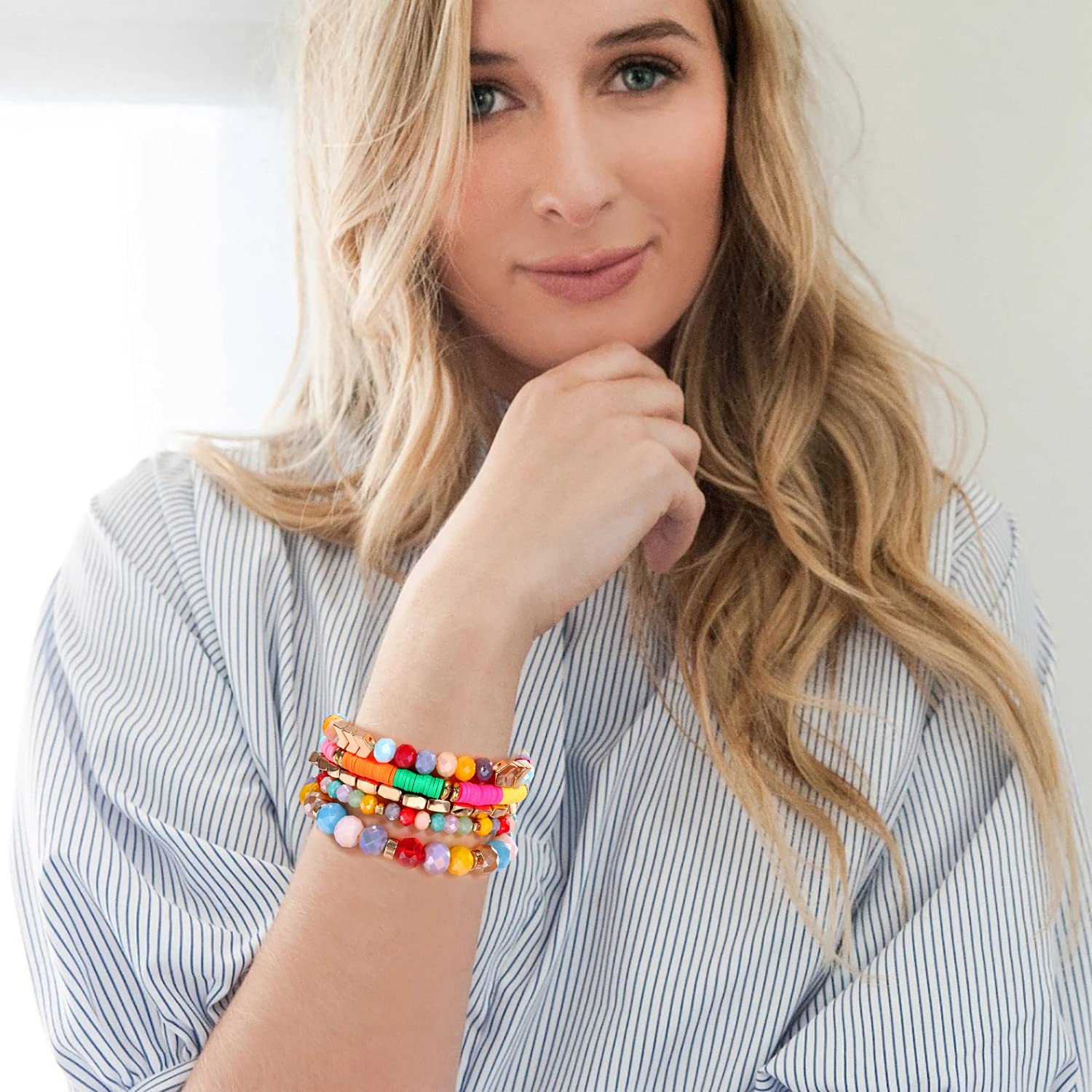 ANGLESJELL Beaded Stretch Bracelets for Women - Multilayered Colorful Crystal Heishi Bead Boho Bracelet Set | Stackable Summer Beach Jewelry | Perfect for Surfer Gifts, Boho Fashion & Festival Accessories