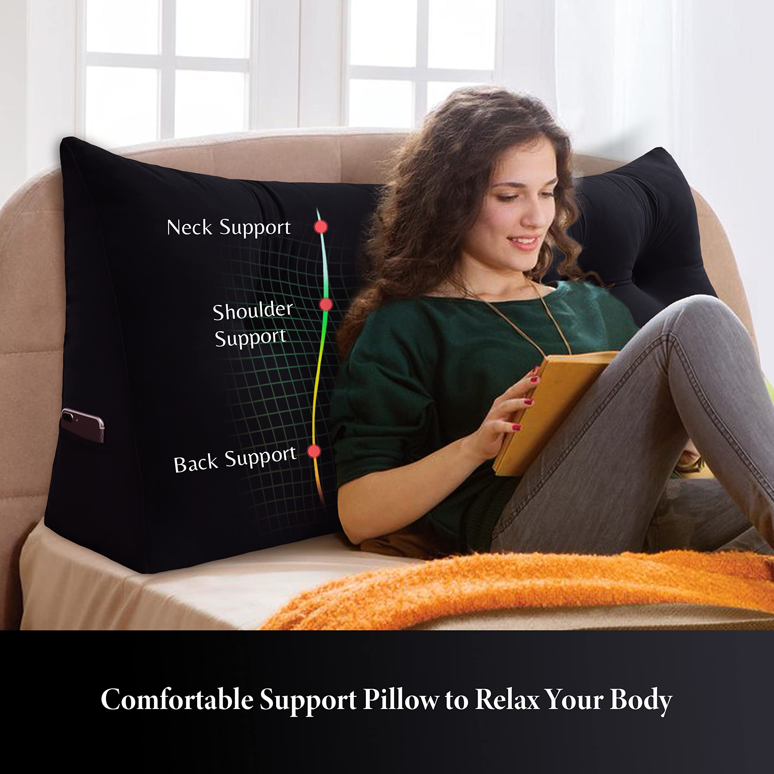 VERCART Large Wedge Pillow for Bed - Velvet Black Headboard & Back Support Cushion, Triangular Reading Pillow for Daybed, Bolster Gap Filler - Perfect for Reading, Watching TV & Lounging in Bed