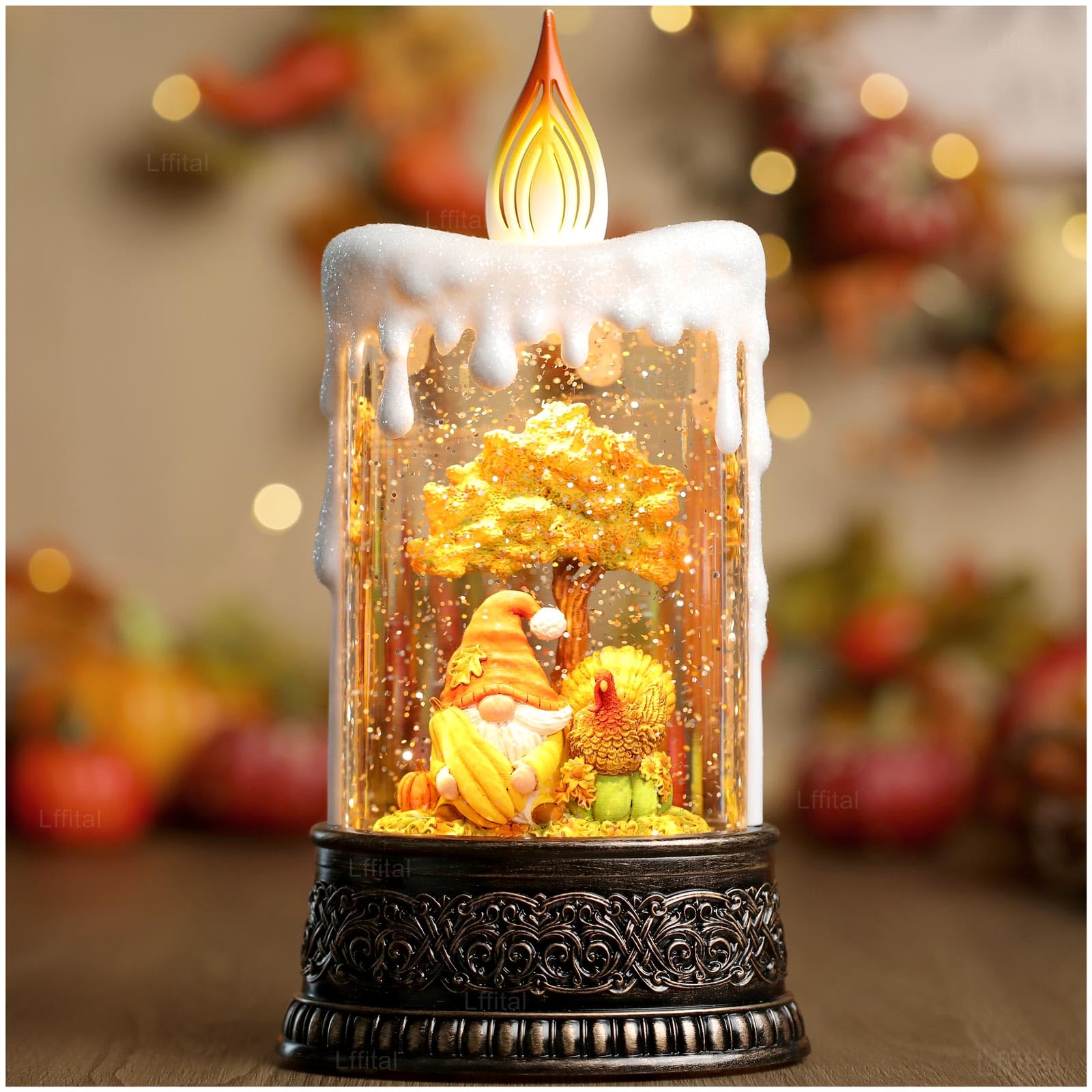 Fall Snow Globe Lantern with Gnome & Turkey - LED Candle Glittering Tabletop Decor for Autumn Thanksgiving, Harvest Day Display with Timer | Seasonal Home Décor, Holiday Centerpiece, Thanksgiving Table Setting