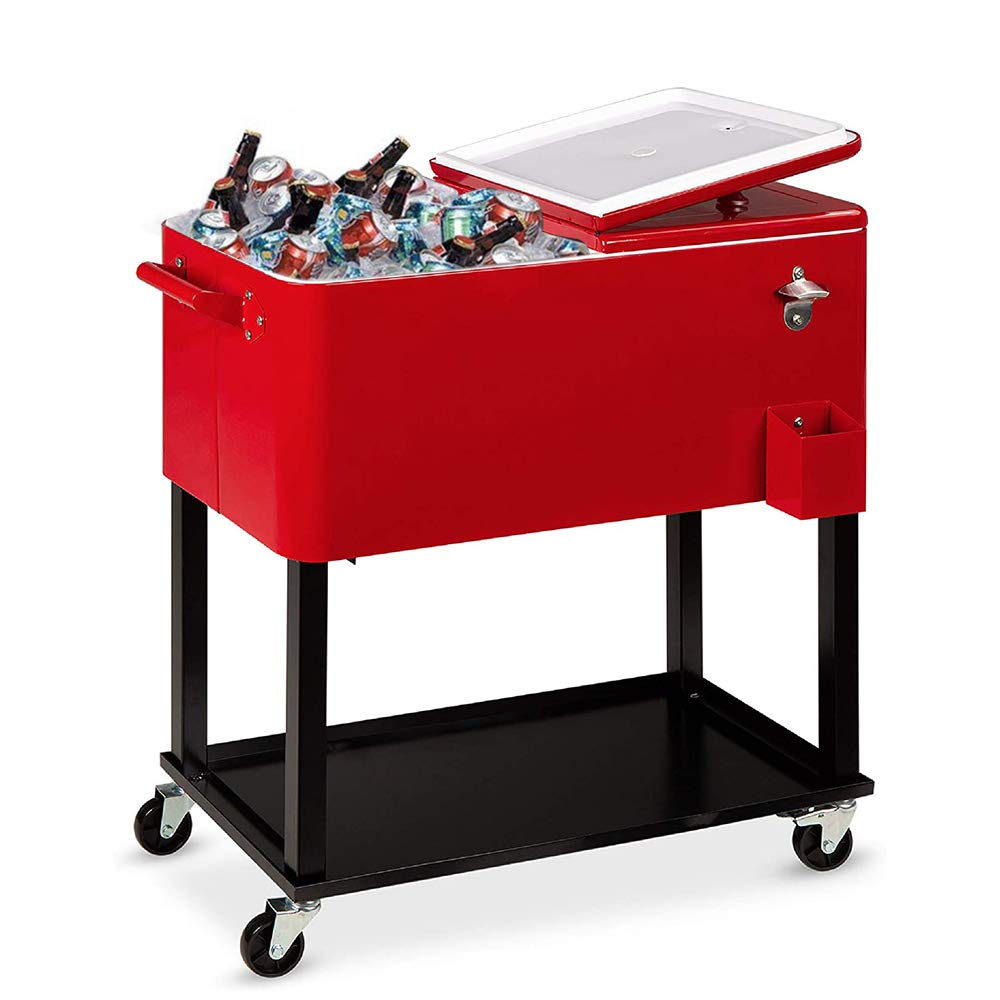 HomVent 80 Quart Rolling Cooler Cart with Wheels - Portable Outdoor Ice Chest, Patio Party Bar Drink Cooler with Shelf & Bottle Opener for Beach, Camping, and Tailgating