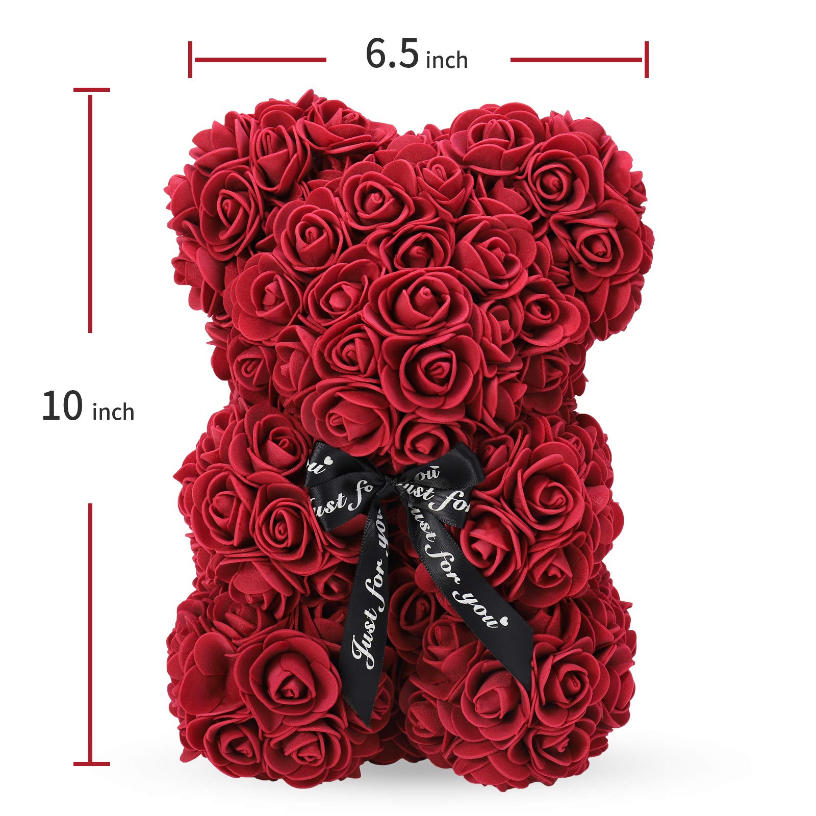 LINKLO 10-inch Rose Teddy Bear - Artificial Rose Flower Bear with Transparent Gift Box, Romantic Gift for Wedding, Mother's Day & Anniversary (Deep Red) | Perfect for Valentine's Day, Birthday Surprises & Home Decor