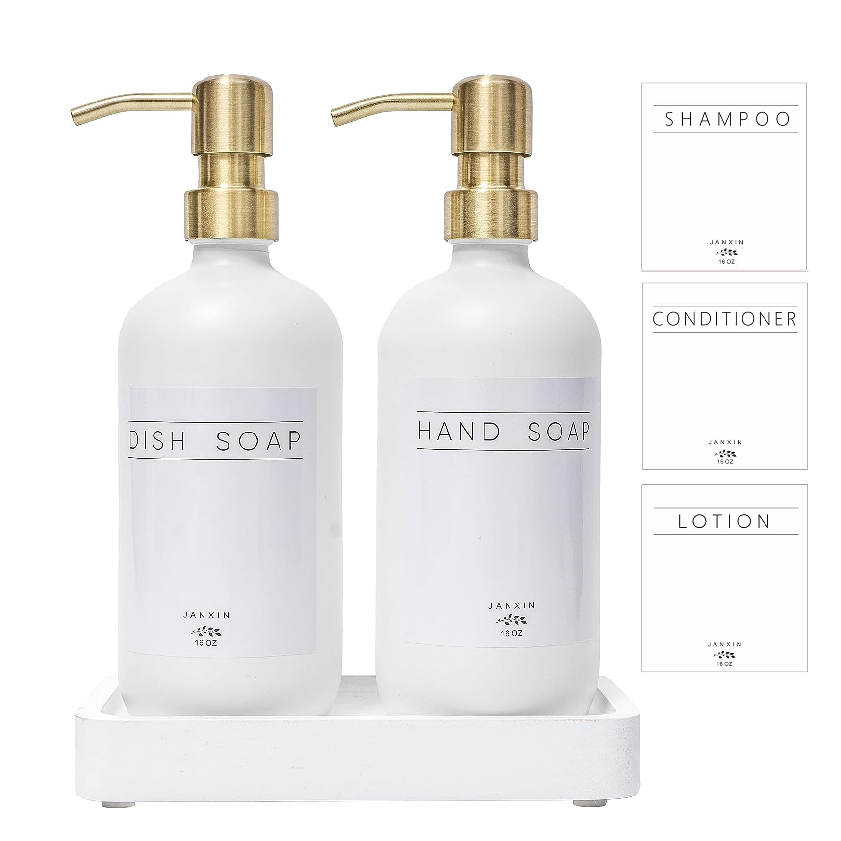 Premium Glass Soap Dispenser with Stainless Steel Pump & Wood Tray - Modern Kitchen & Bathroom Liquid Dispenser for Hand Soap, Dish Soap & Lotion (White Bottle + Gold Pump) - Perfect for Countertop Organization & Stylish Home Decor
