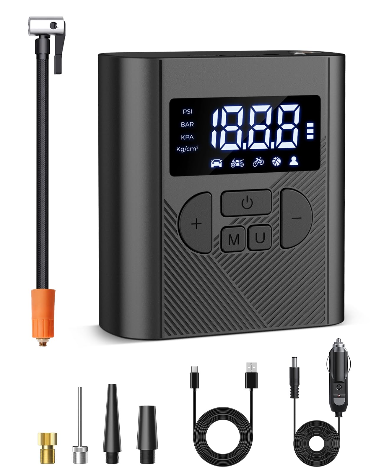 Portable Tire Inflator Air Compressor 150PSI - Cordless Electric Air Pump for Car, Bike & Motorcycle Tires with Digital LCD Pressure Gauge & LED Light - Perfect for Emergency Roadside Use, Travel, and Sports Equipment Inflation
