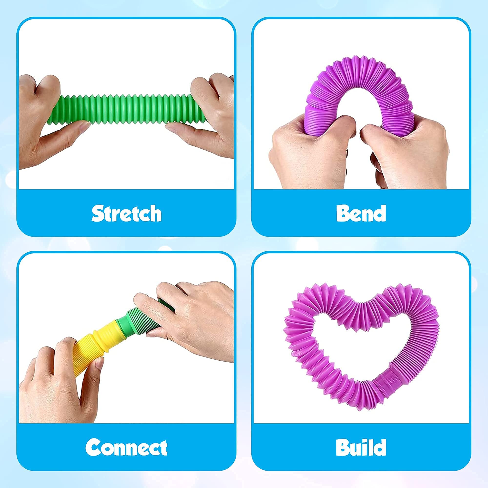 Pop Tubes Sensory Toys 4 Pack - Stretchy Fidget Toys for Kids & Adults, Fine Motor Skills Development, Stress Relief & Learning Toys (7.5