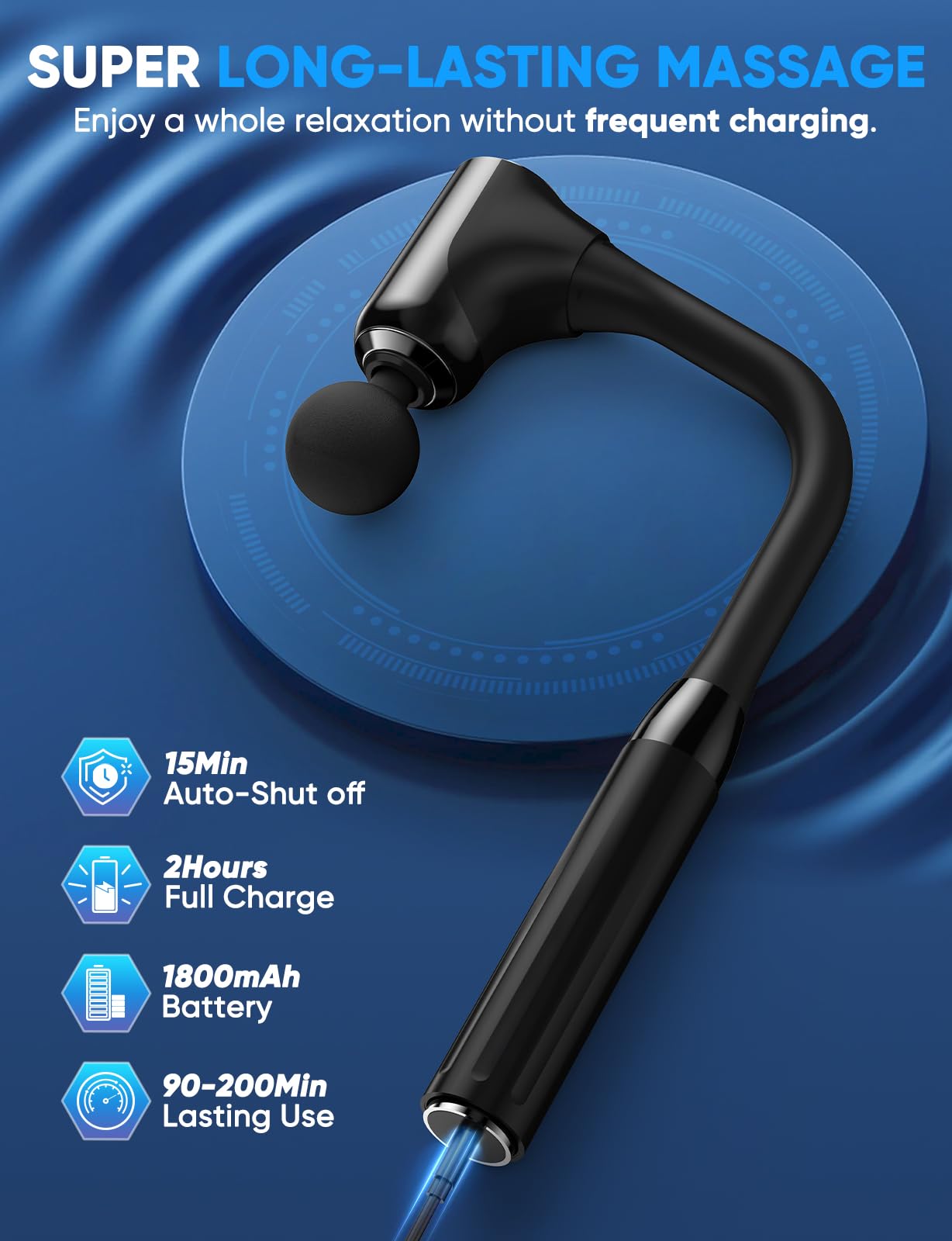 Deep Tissue Massage Gun for Pain Relief - Percussion Massager with 12MM Amplitude, Extended Handle & 4 Replaceable Heads - Adjustable Speed for Neck, Back, Foot, Leg & Shoulder - Perfect for Athletes, Office Workers & Post-Workout Recovery