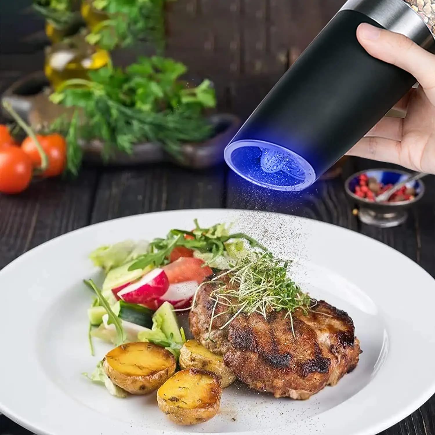 Premium Electric Salt and Pepper Grinder Set - Automatic Gravity Sensor Mill with Adjustable Coarseness & Blue LED Light - One-Hand Operation Battery-Powered (2-Pack Black) - Perfect for Kitchen, Dining Table & Outdoor BBQ