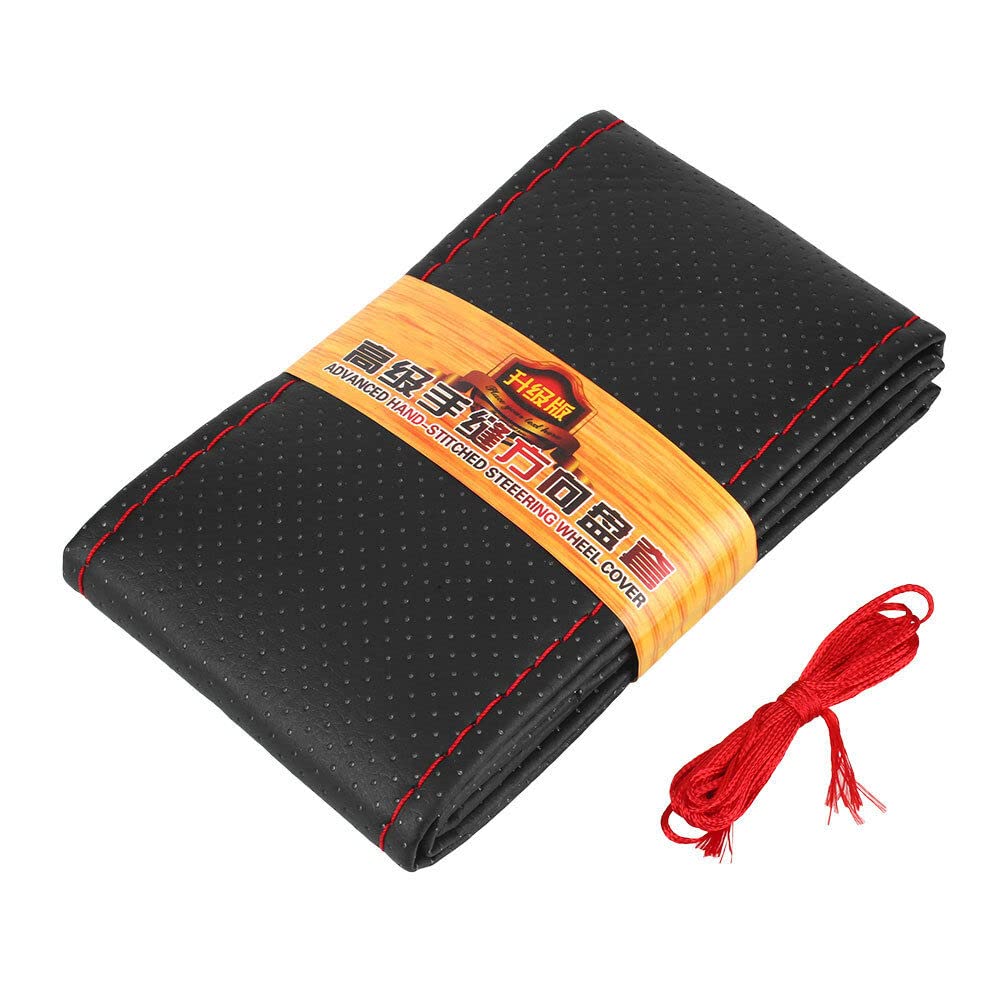 Black & Red PU Leather Car Steering Wheel Cover - DIY Universal Fit with Needle & Thread - Keep Hands Warm in Winter - Perfect for Cold Weather Driving & Custom Car Accessories