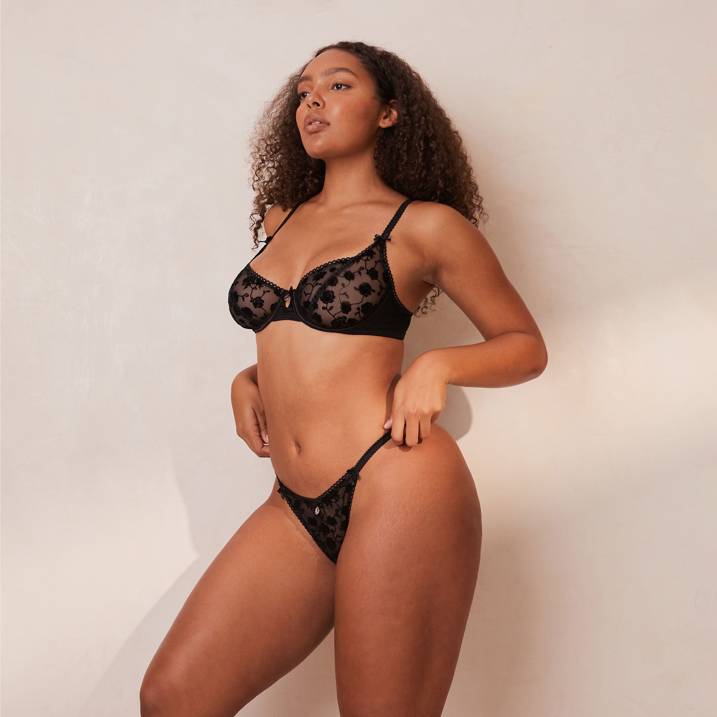 Black Flocked Floral Balcony Bra - Comfortable Lingerie for Women, Perfect for Everyday Wear and Special Occasions