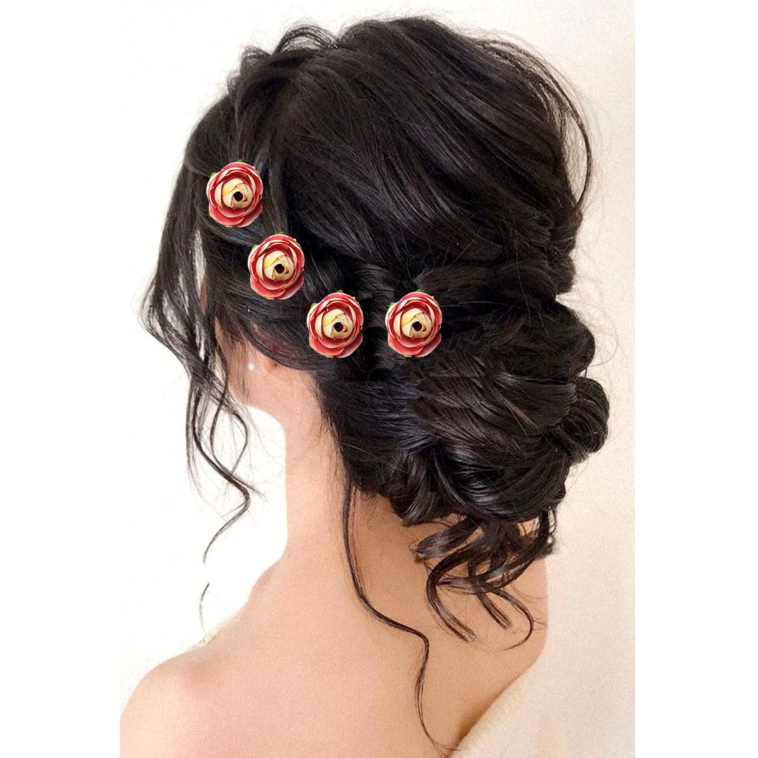 Artificial Rose Hair Pins - Peach Floral Hair Clips for Women, Bridal Hair Accessories, Juda Pin for Weddings & Special Occasions