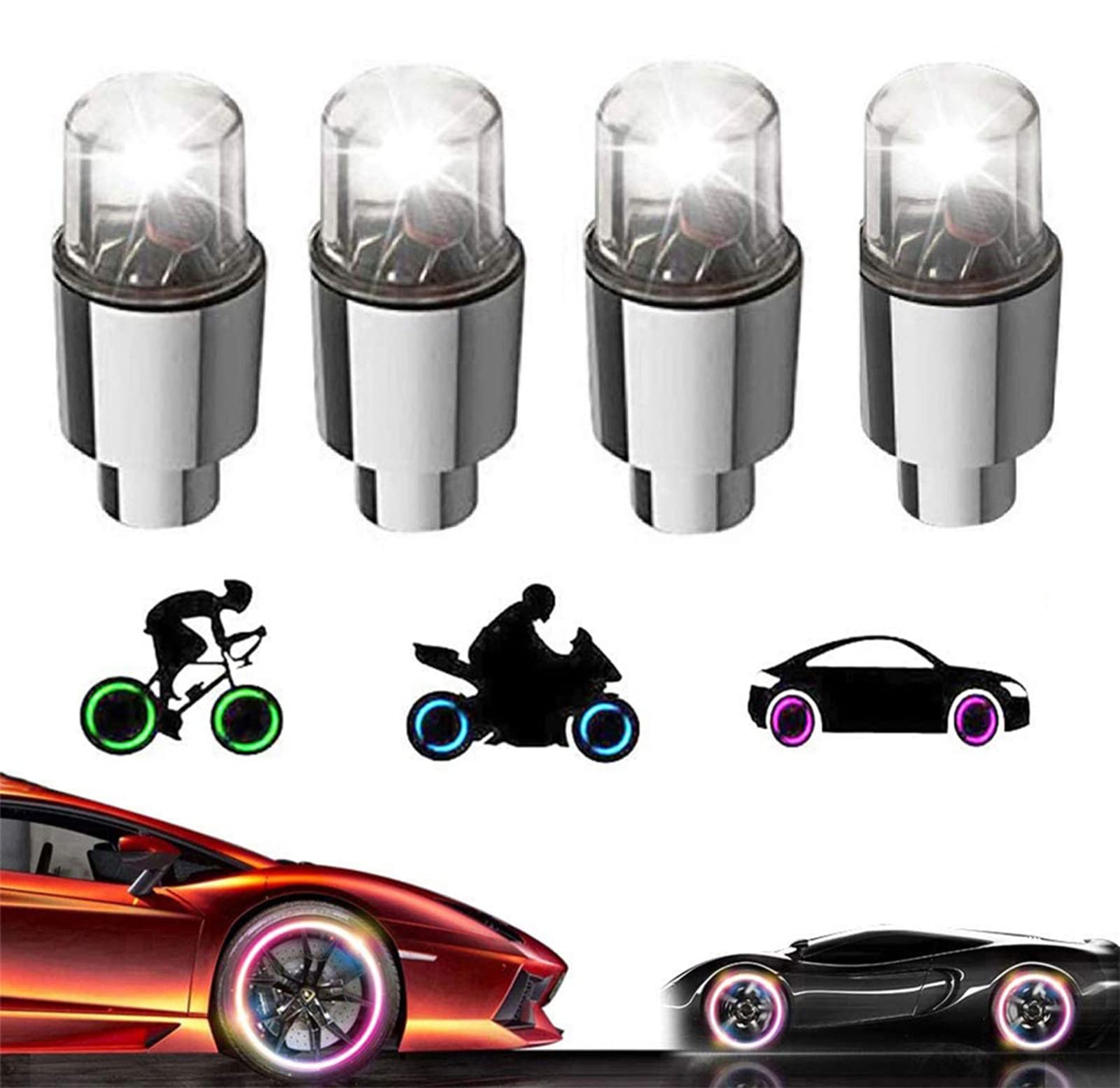 4 Pack LED Tire Valve Stem Lights - Waterproof Wheel Lights for Cars, Trucks, Bikes, Motorcycles & Golf Carts (Includes 10 Extra Batteries) - White Glow for Night Safety & Style | Perfect for Kids, Boys & Outdoor Adventures