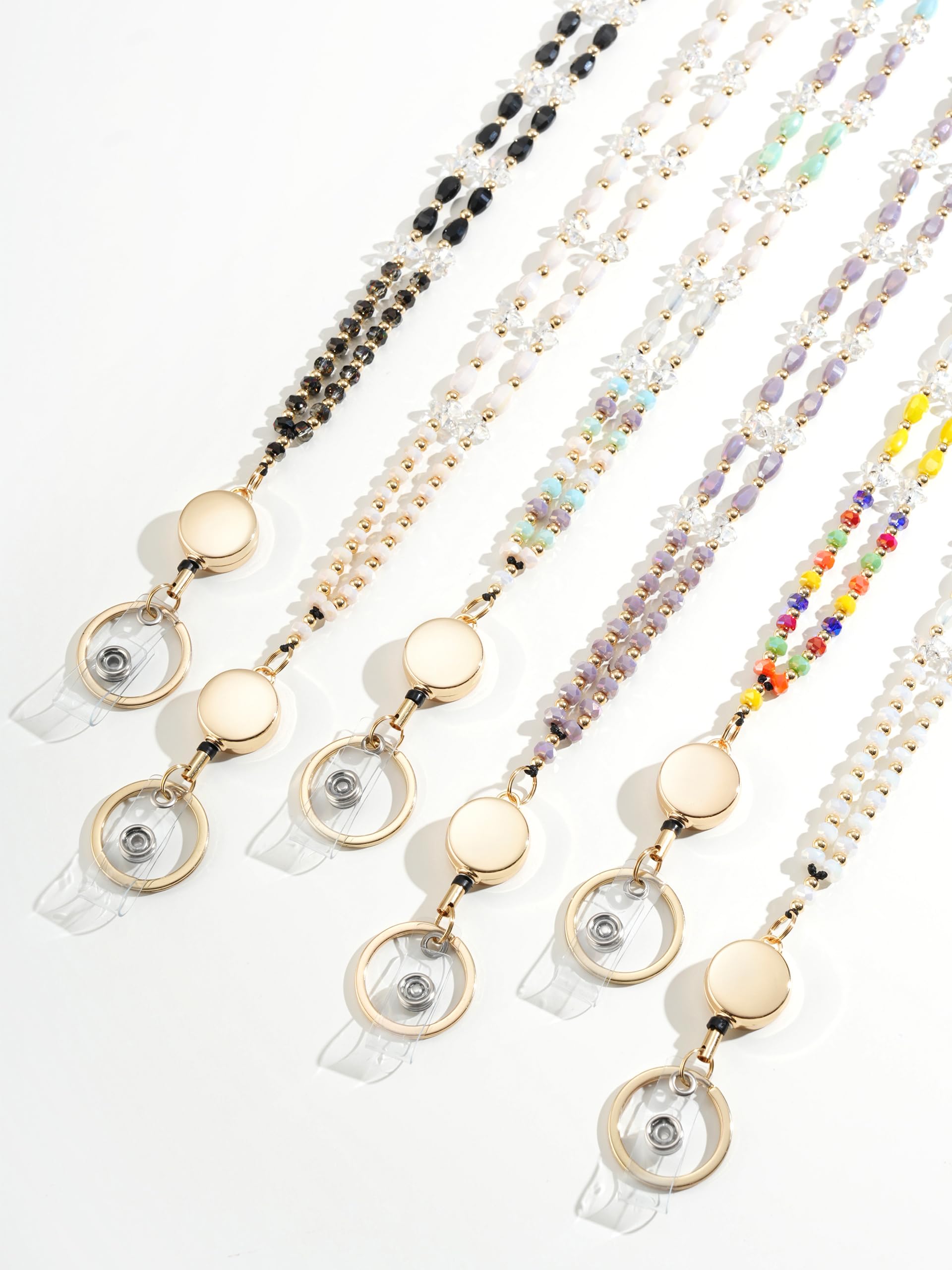 Retractable Beaded Lanyard for Teachers - ID Badge & Key Holder for Women, Cream Crystal Design - Perfect for School & Office Use