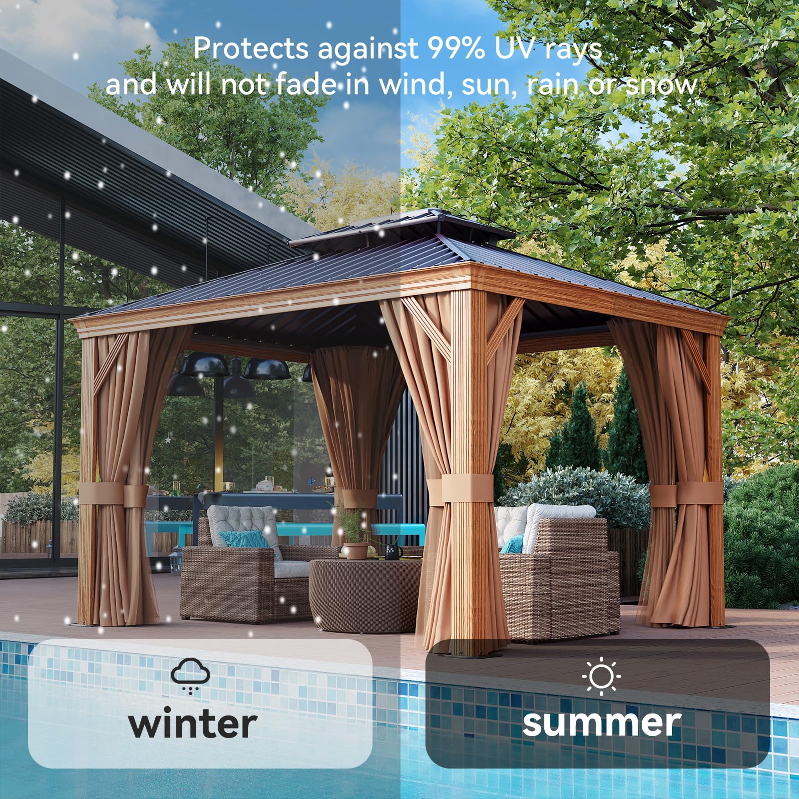 Aoxun 10' x 12' Hardtop Gazebo with Wooden Finish - Aluminum Frame & Galvanized Steel Double Roof - Permanent Outdoor Metal Pavilion with Curtains & Netting - Perfect for Backyard, Patio, Deck, Garden Parties & Outdoor Entertaining