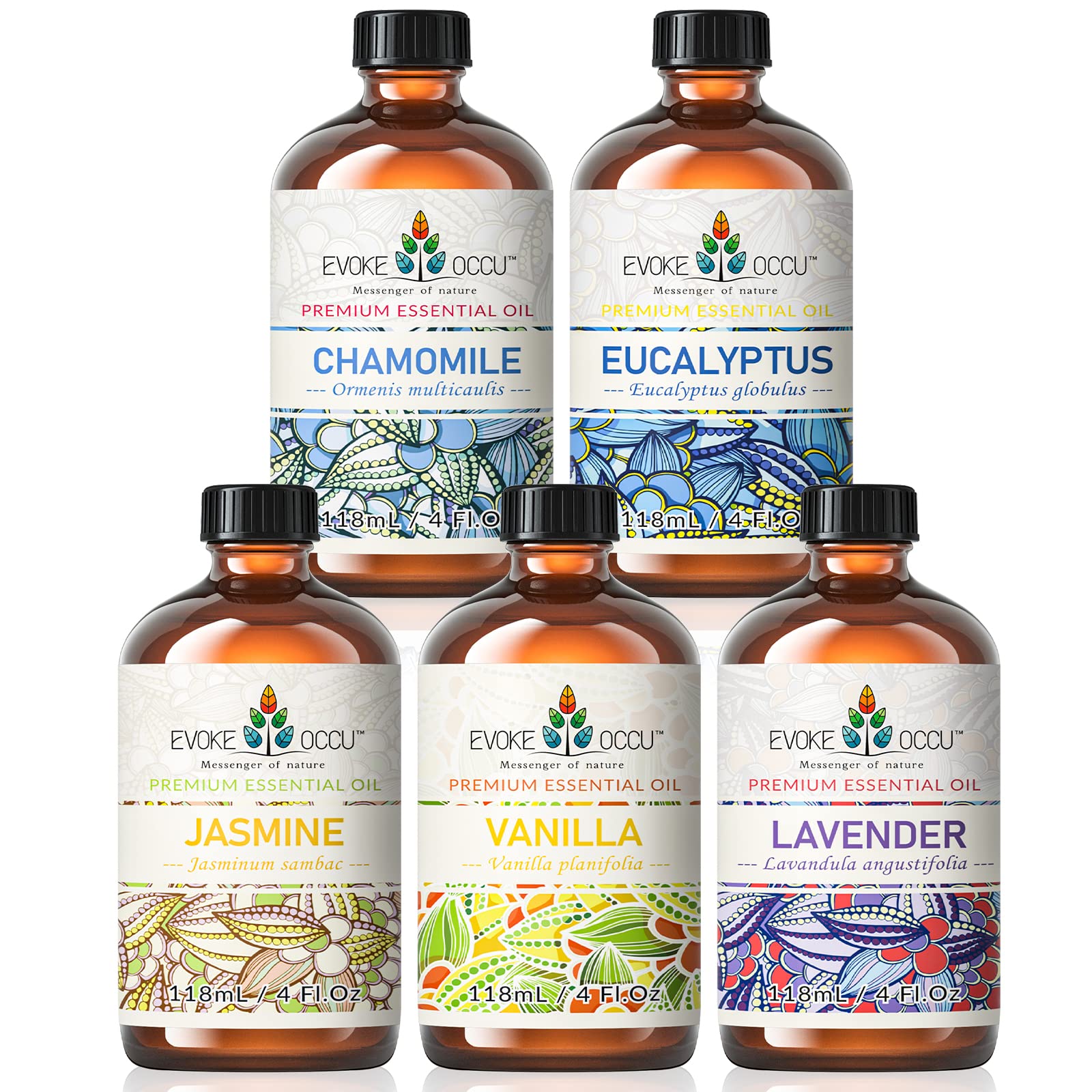 EVOKE OCCU 100% Pure Essential Oils Set - Jasmine, Vanilla, Lavender, Chamomile & Eucalyptus (4oz) for Skin Care, Hair Treatment, Aromatherapy & Diffuser Use - Perfect for Relaxation, Massage & Home Spa