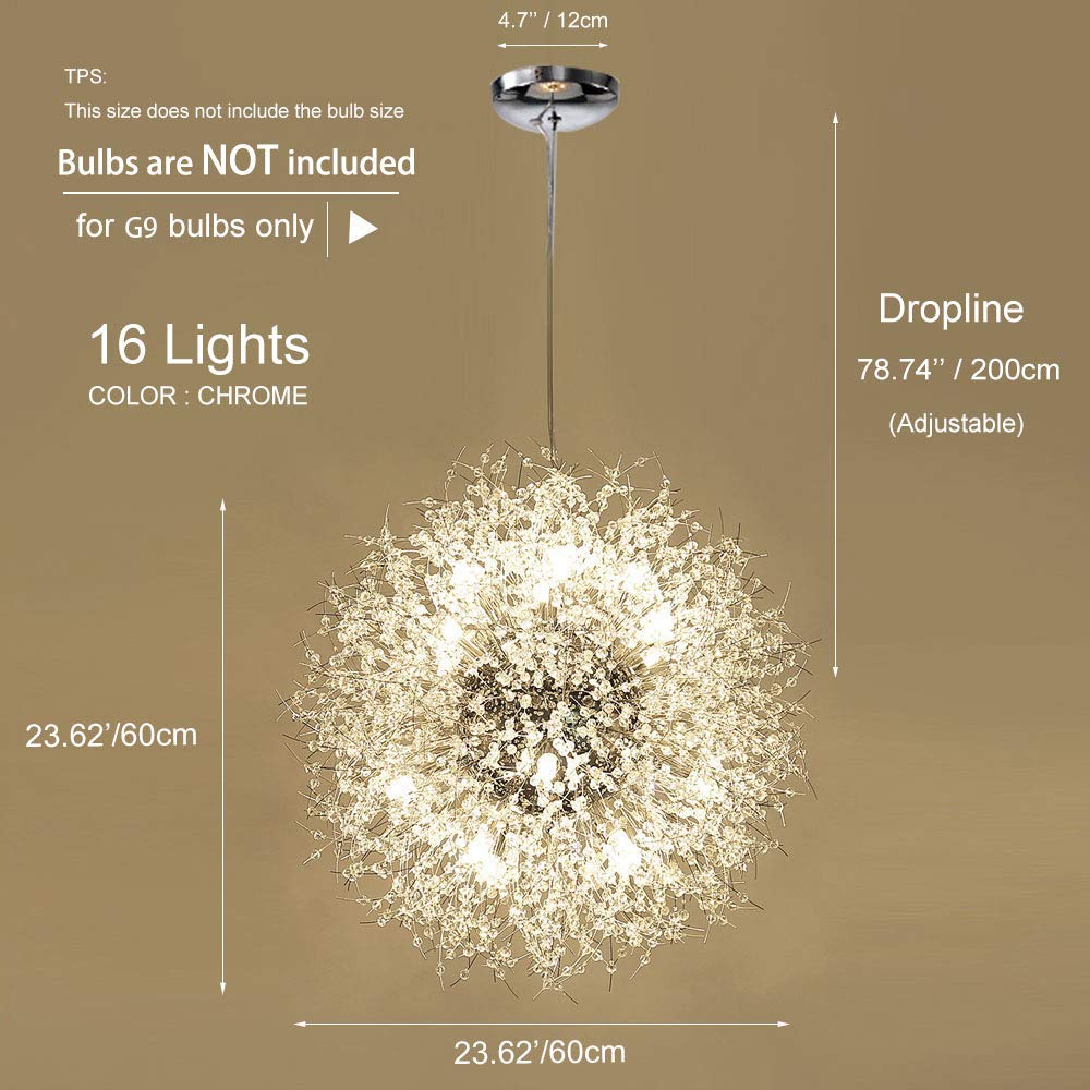 Modern Crystal Chandelier - Chrome Firework Dandelion Sputnik Pendant Light Fixture, 16-Light Dining Room Chandelier for Bedroom, Kitchen & Living Room Lighting | Elegant Home Decor for Parties & Romantic Dinners