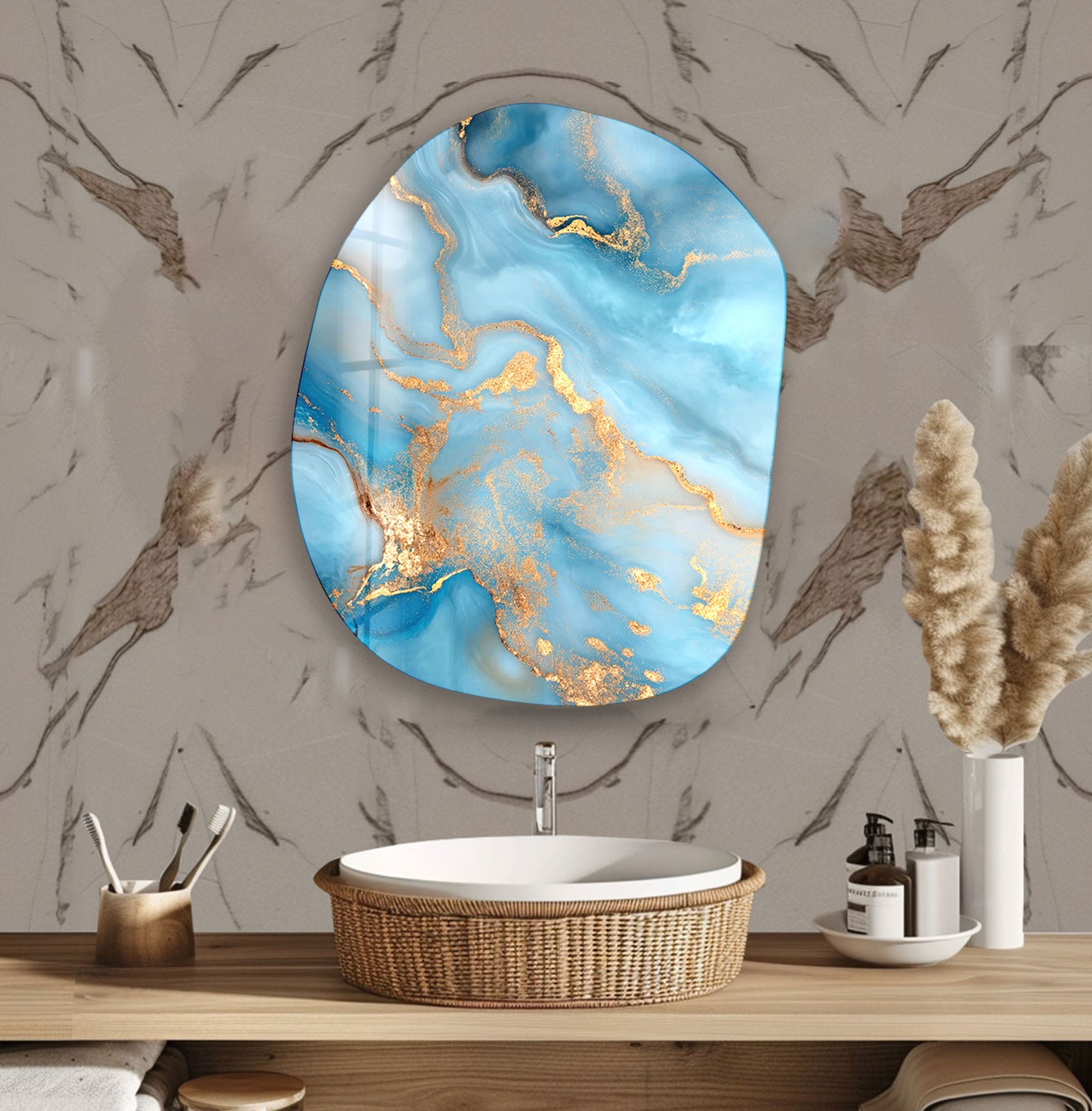 Blue Marble with Gold Sparkles Glass Wall Art - Elegant Home Decor for Living Room, Bedroom & Office - Perfect for Modern & Luxury Interior Design
