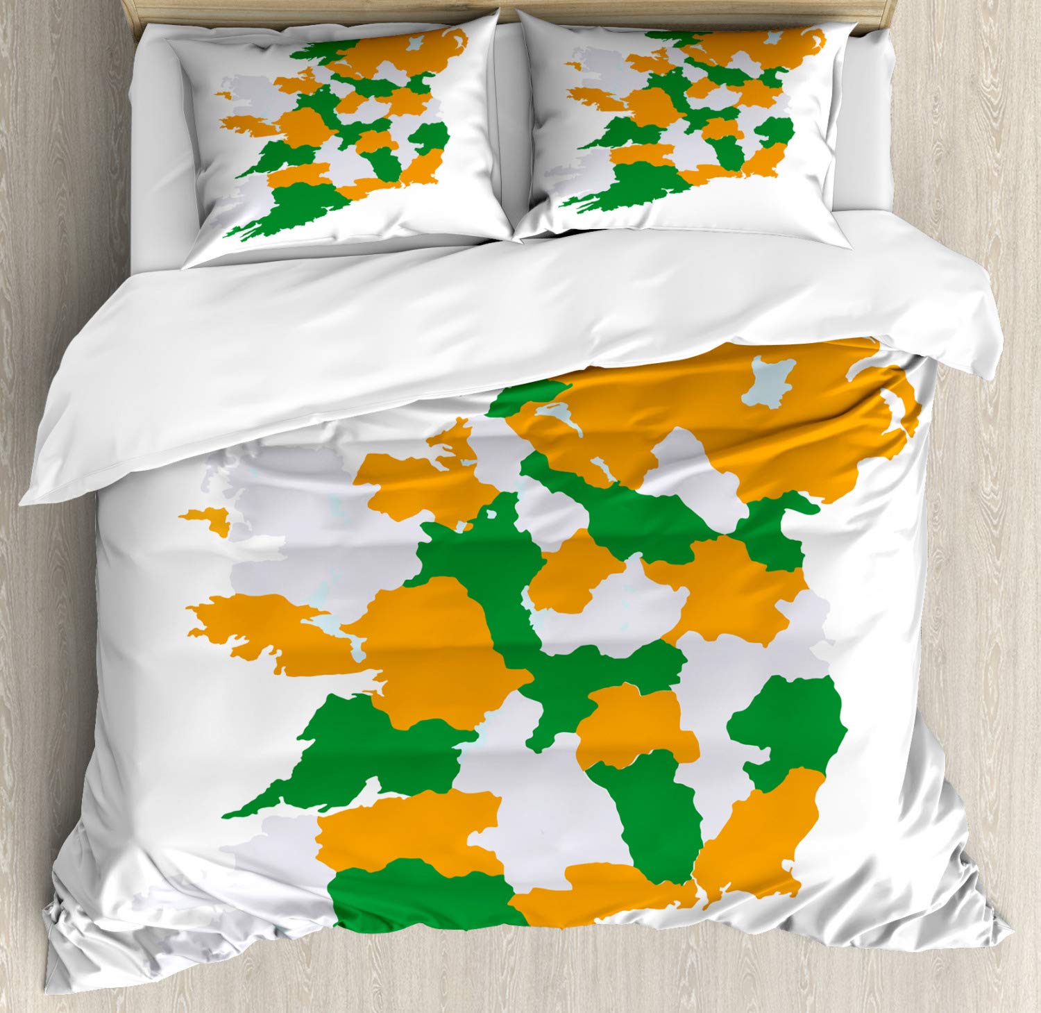 Ambesonne Ireland Map Duvet Cover Set - Irish Themed 3 Piece Bedding with 2 Pillow Shams, King Size in Orange Green White - Perfect for St. Patrick's Day Decor & Irish Heritage Home Decor
