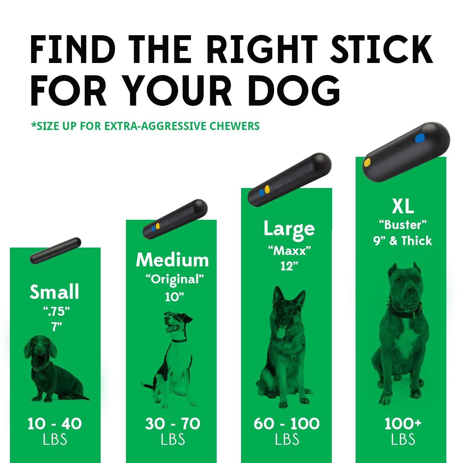 Goughnuts Virtually Indestructible Dog Chew Toy for Aggressive Chewers - Heavy Duty Chew Stick for Small to Medium Dogs - Durable Green Rubber Dog Toy for Training, Playtime & Anxiety Relief