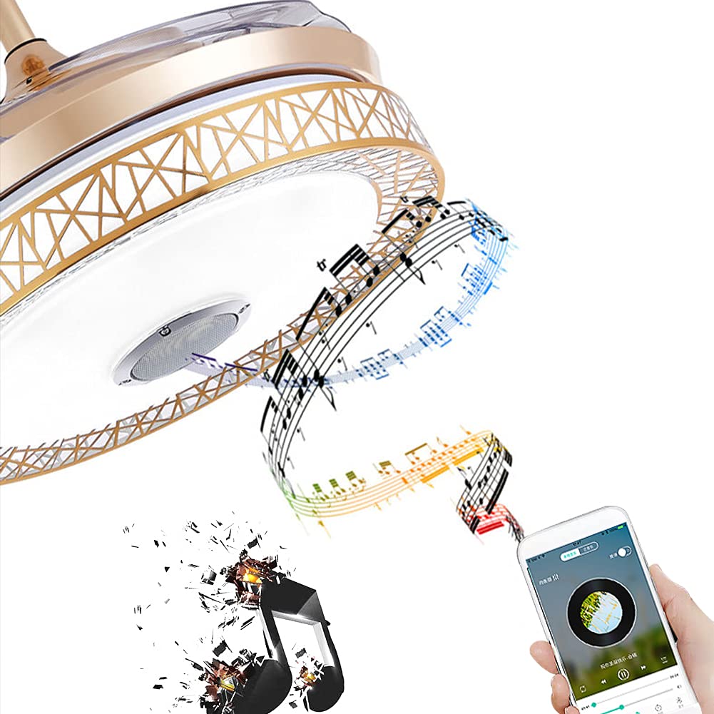 42 Inch Gold LED Ceiling Fan with Light and Remote - 3-Speed Retractable Blades, Bluetooth Music Control - Perfect for Bedroom, Living Room, Restaurant, and Hall Decor