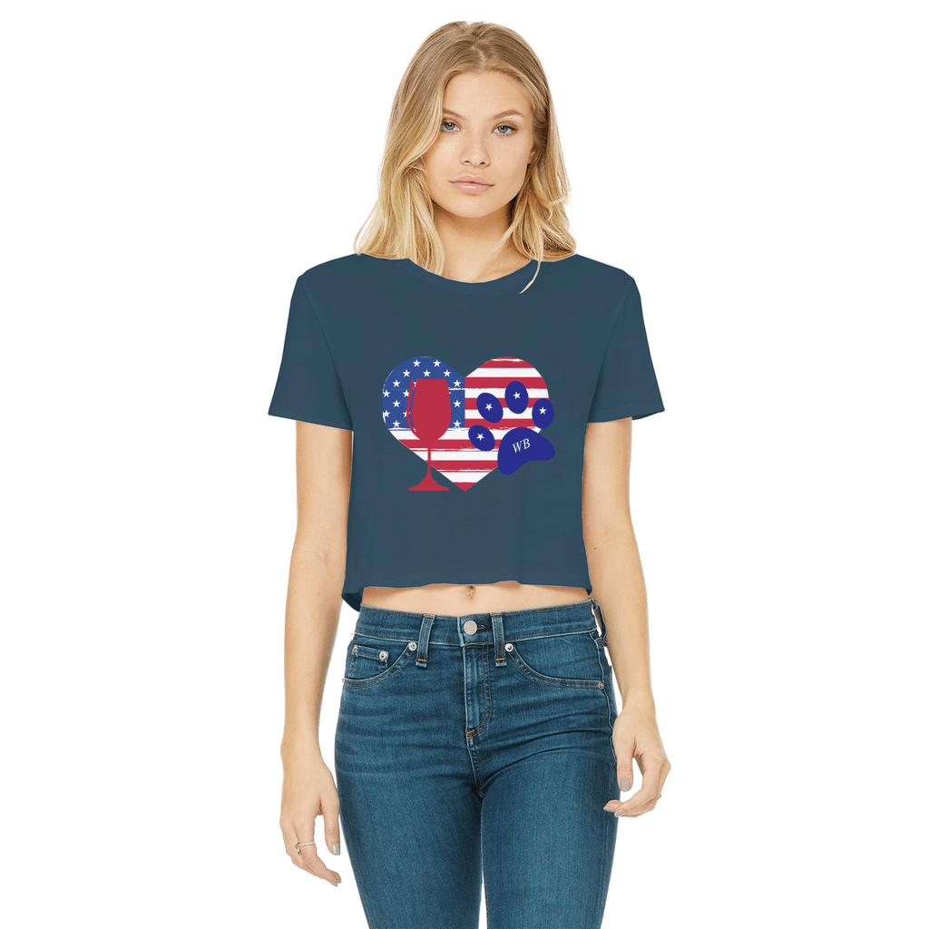 WineyBitches.Co Women's Cropped Raw Edge T-Shirt with Heart Paw Print - American Wine Lover Tee for Casual Outfits, Girls Night Out & Wine Tasting Events