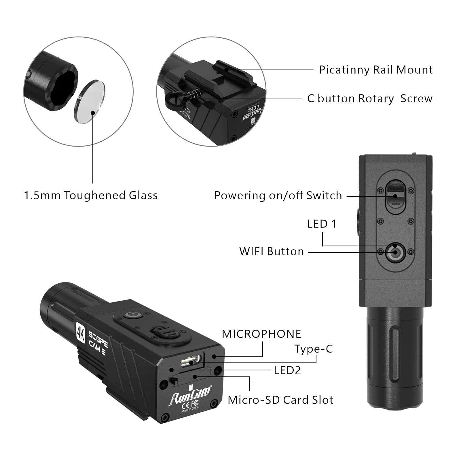 RunCam ScopeCam2 4K WiFi Action Camera - IP64 Waterproof Mini HD Video Camera for Airsoft & Paintball with 1400mAh Battery, Recording Switch Cable & 40mm Long Lens - Perfect for Outdoor Sports, Hunting & Adventure Recording