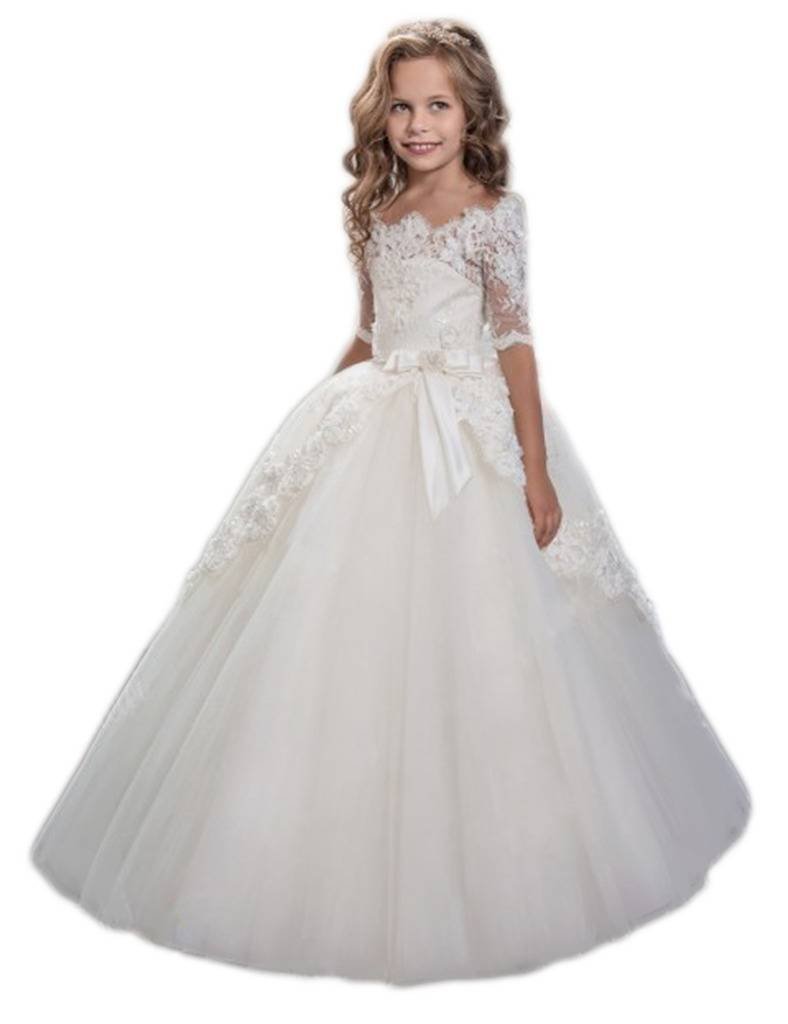 White Lace Flower Girl Dress for First Communion & Wedding - Elegant Princess Style Dress for Special Occasions | Perfect for Church Ceremonies, Bridal Parties & Formal Events