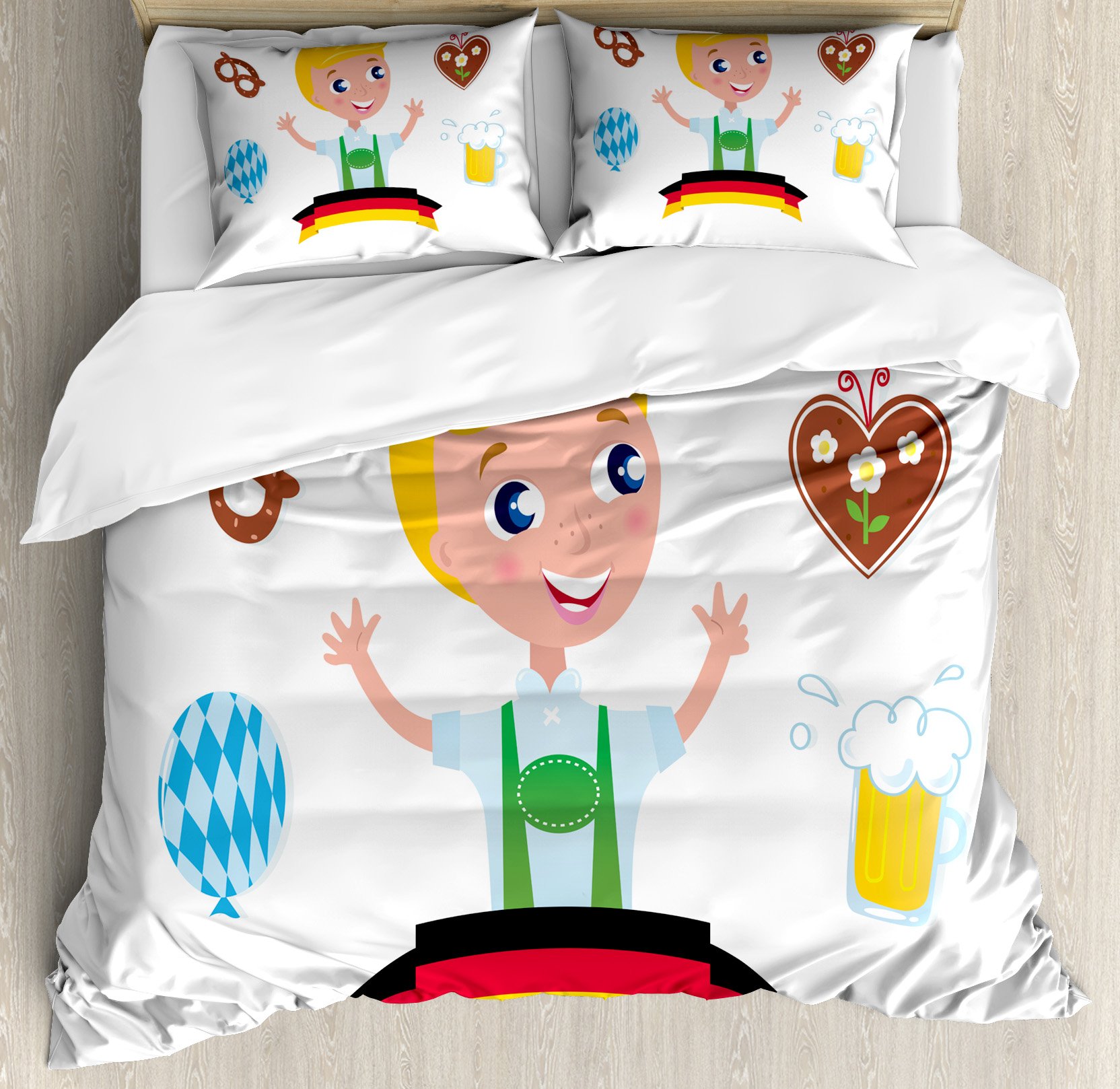 Ambesonne German Duvet Cover Set - Bavarian Boy with Blonde Hair, Oktoberfest Beer Balloon & Pretzel Design - 3 Piece King Size Bedding Set with 2 Pillow Shams - Multicolor Oktoberfest Themed Decor for Bedroom, Guest Room or Dorm