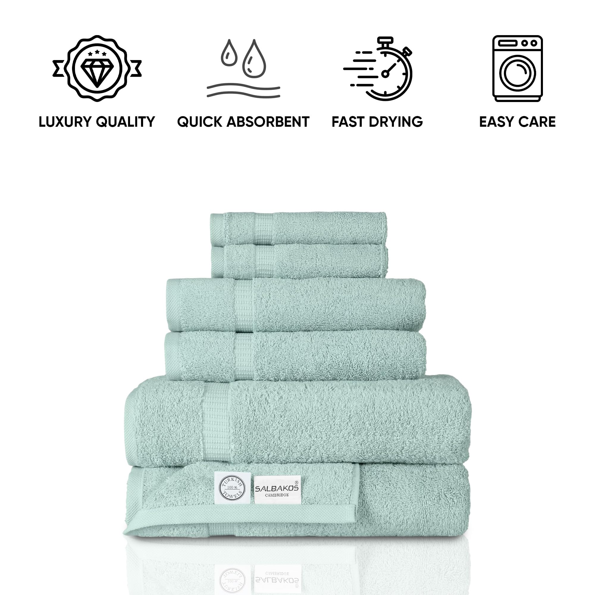 Premium 6-Piece Turkish Cotton Towel Set - Ultra Soft, Quick Drying & Highly Absorbent Bath Towels, Hand Towels & Washcloths | Luxury Spa & Bathroom Essentials for Home, Hotel & Gym Use (Seafoam Green)