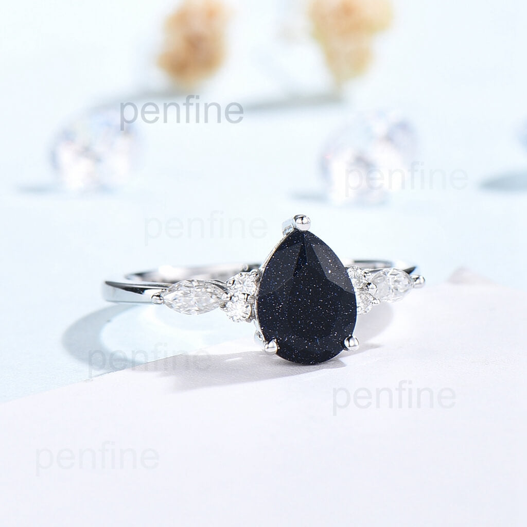 Pear Shaped Cluster Blue Sandstone Galaxy Nadia Engagement Ring - Elegant Wedding Band for Women, Unique Promise Ring for Her, Perfect for Proposals, Anniversaries & Special Occasions