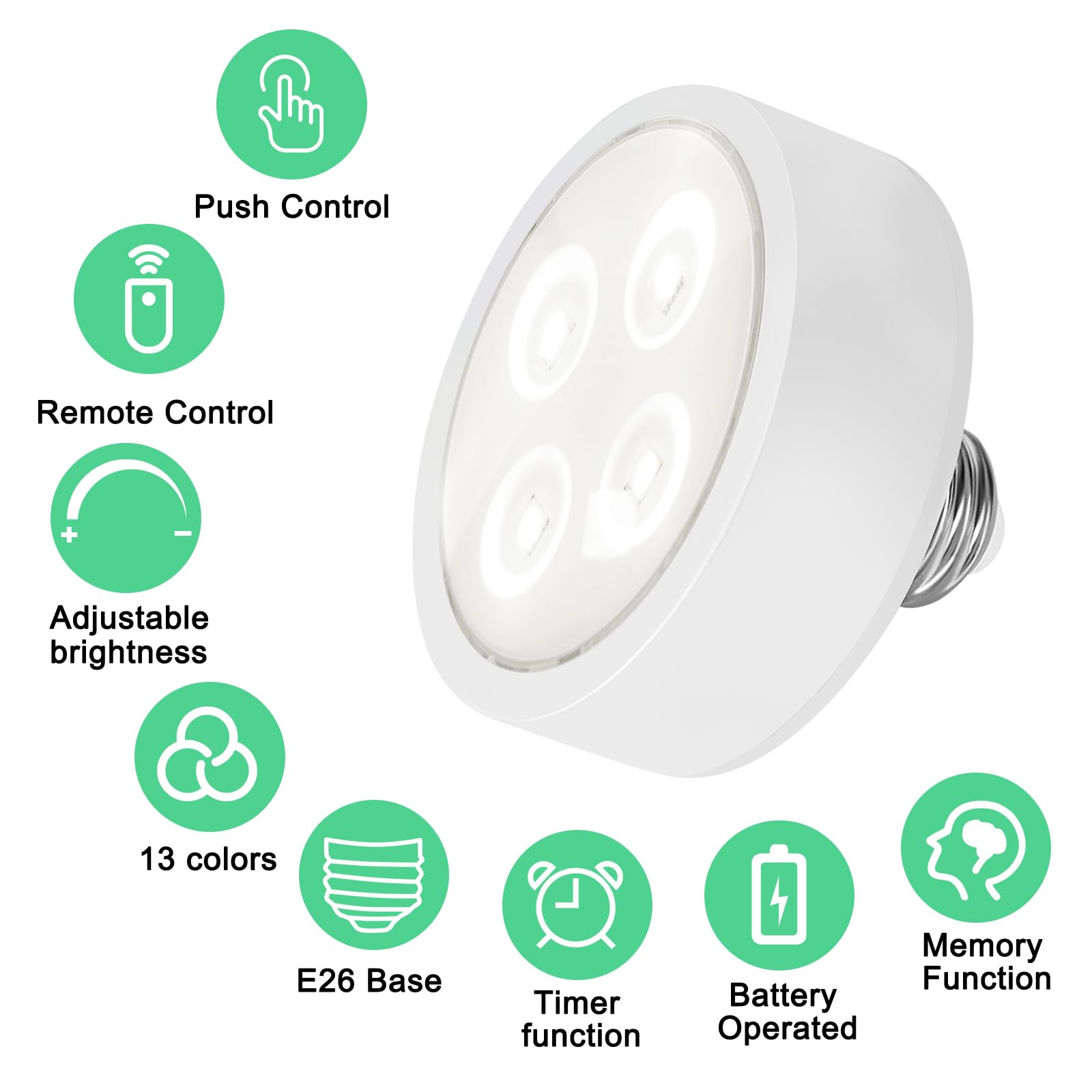 2 Pack Battery Operated LED Light Bulbs - Dimmable E26 Base, 13 Color RGB Changing Puck Lights with Remote Control & Memory Function - Perfect for Non-Electric Chandeliers, Wall Sconces, Closets, Camping & Emergency Lighting