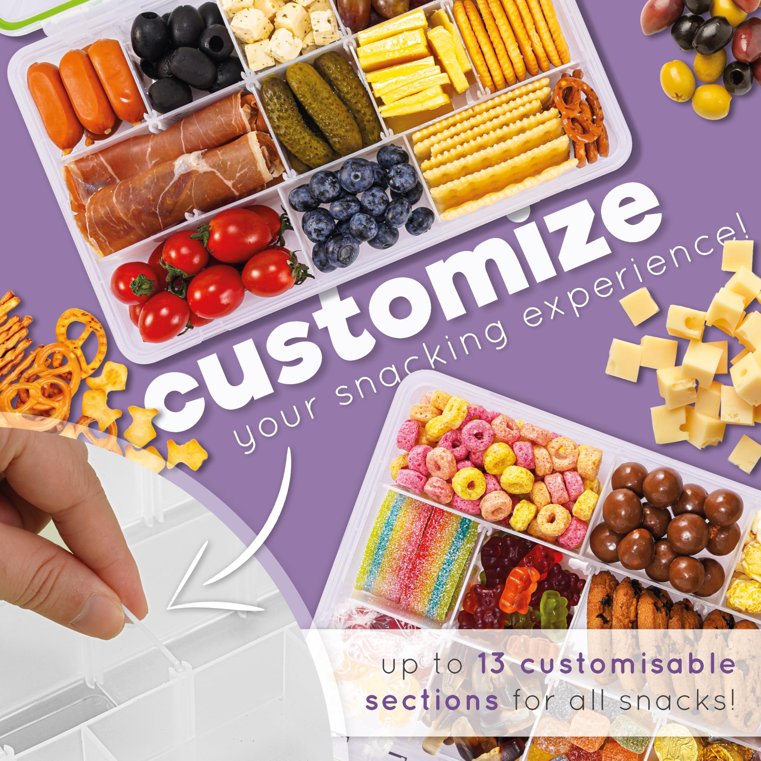Reel Bites Snackle Box - Portable Travel Snack Container with Lid | Leak-Proof Snack Tray & Charcuterie Box for Picnics, Road Trips & Outdoor Adventures (Regular Size)