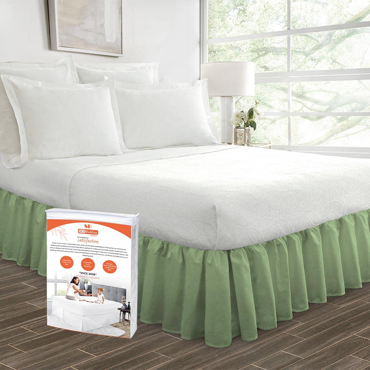 SGI Bedding 16 Inch Ruffled Bed Skirt - Microfiber Dust Ruffle with Fade & Wrinkle Resistance - Anti-Static Decorative Bed Skirt with Hidden Storage Space - Fits California King Size Beds in Moss Green - Perfect for Guest Rooms & Master Bedroom Decor