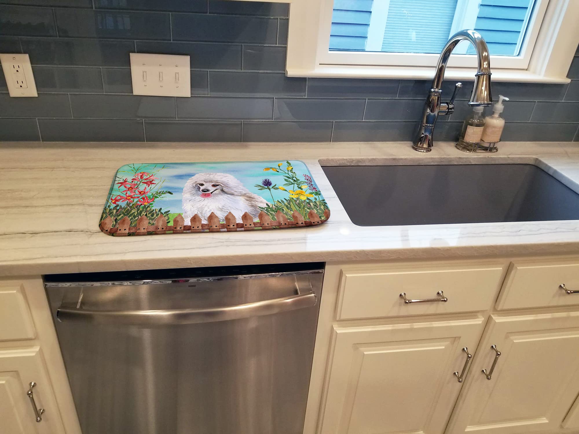 White Poodle Dish Drying Mat - Absorbent Kitchen Counter Pad (14x21