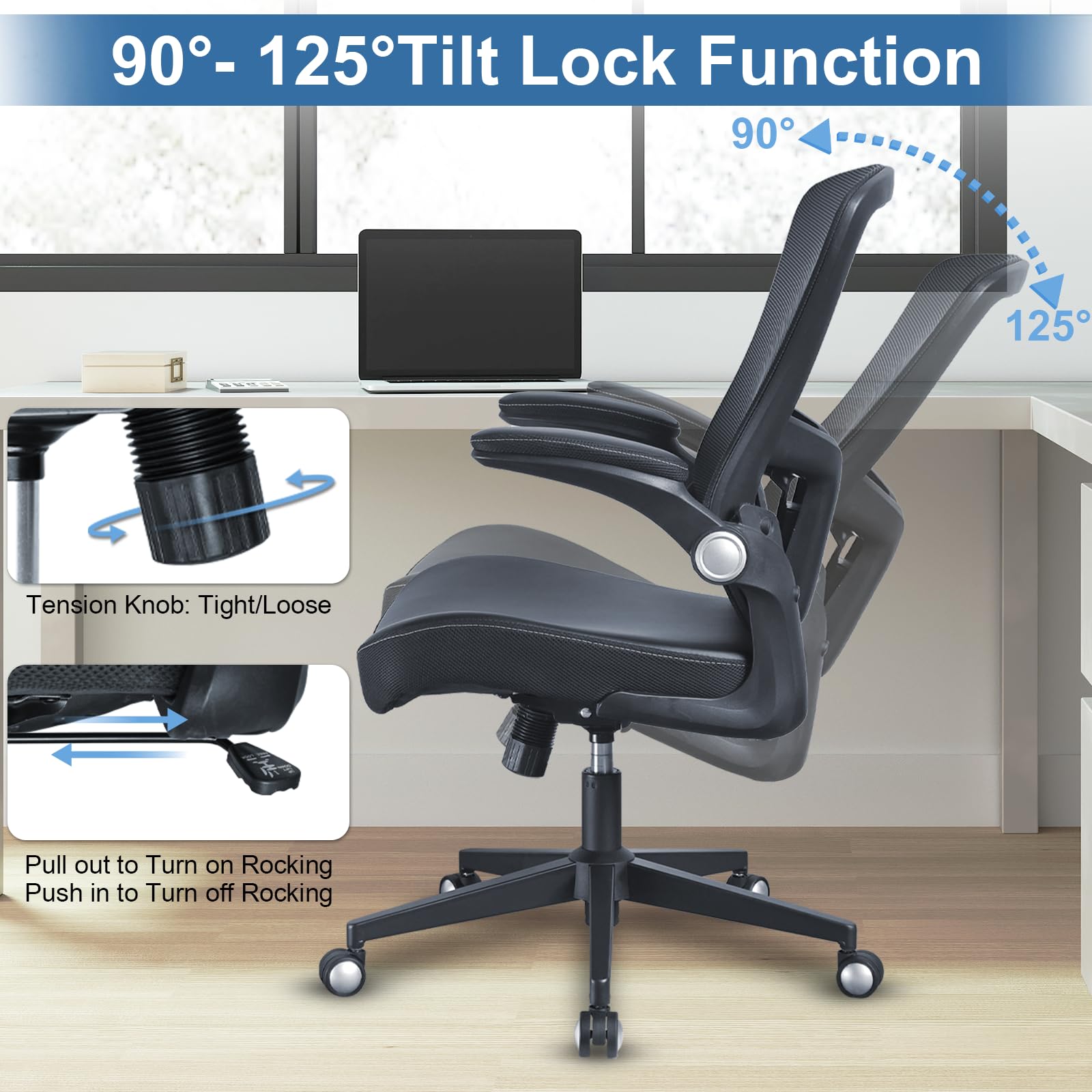 Ergonomic Office Chair with PU Leather Cushion - 350lbs Weight Capacity, Adjustable Seat Height & Lumbar Support, Flip-Up Arms - Perfect for Home Office, Gaming & Workspace Comfort
