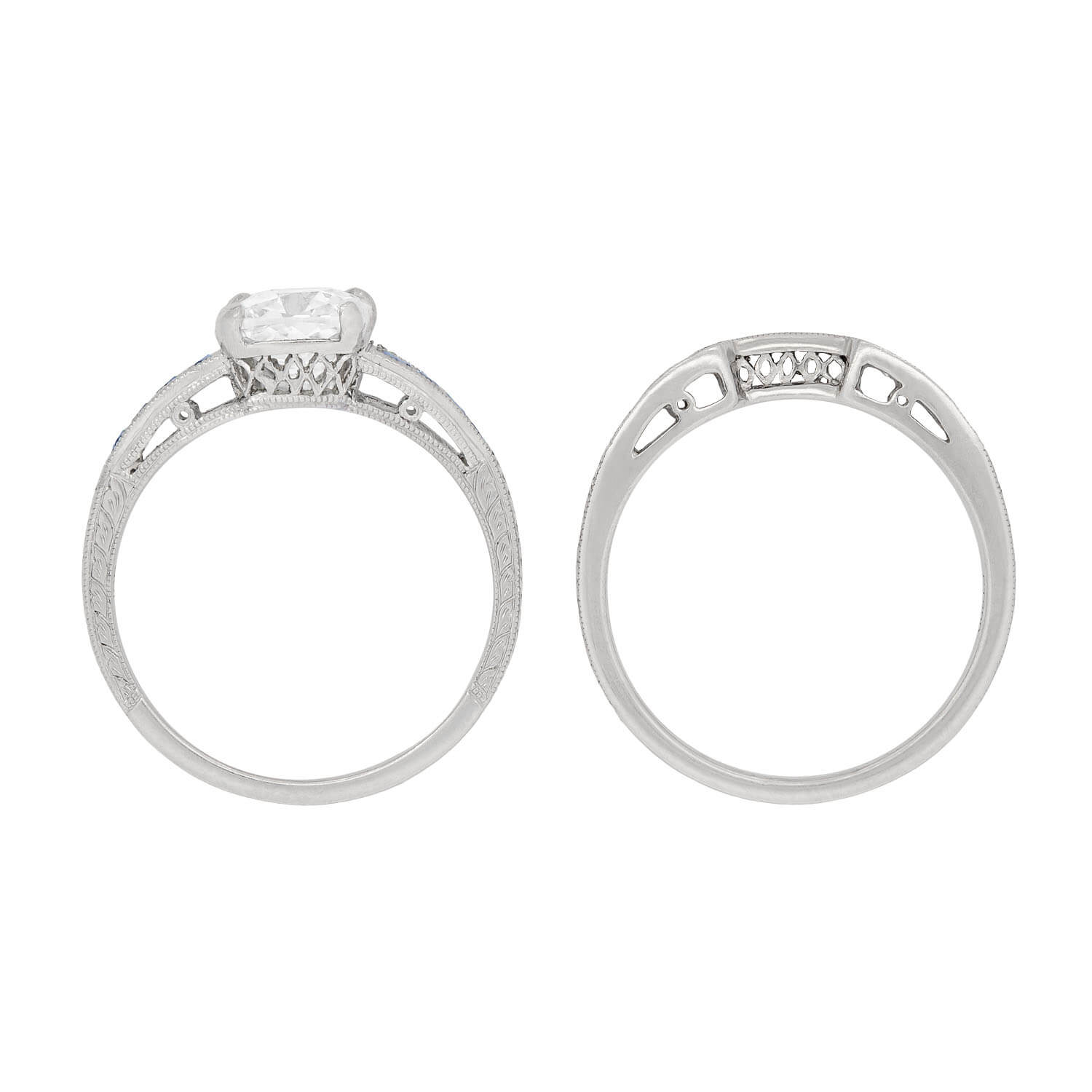 Art Deco Platinum Diamond and Sapphire Engagement Ring Set with Contoured Band - 1.53ct Total Weight | Vintage Inspired Bridal Jewelry for Weddings & Anniversaries
