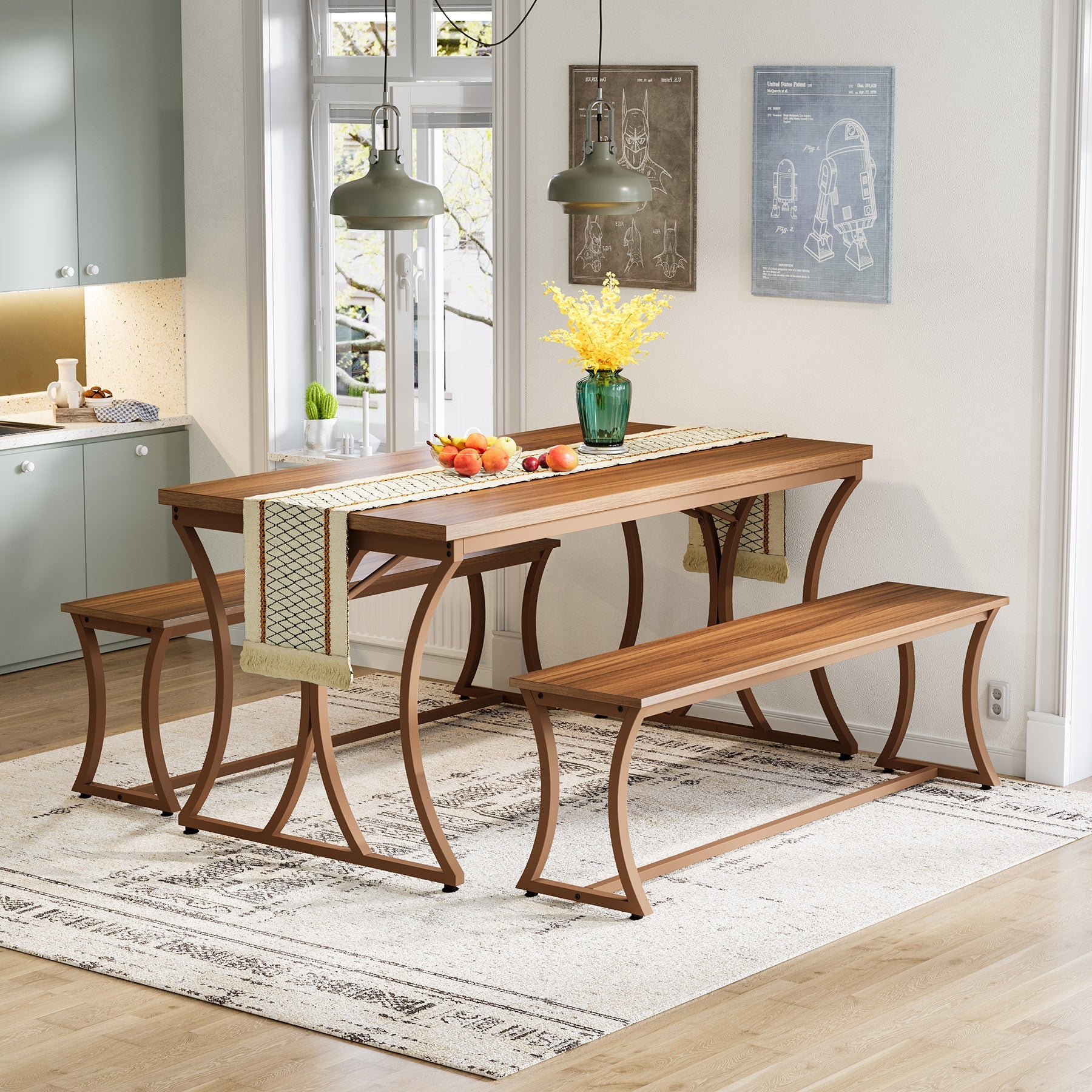 4-Piece 51-Inch Dining Table Set with 2 Benches & Table Runner - Modern Kitchen Furniture for Small Spaces, Perfect for Breakfast Nook, Apartment Dining or Outdoor Patio