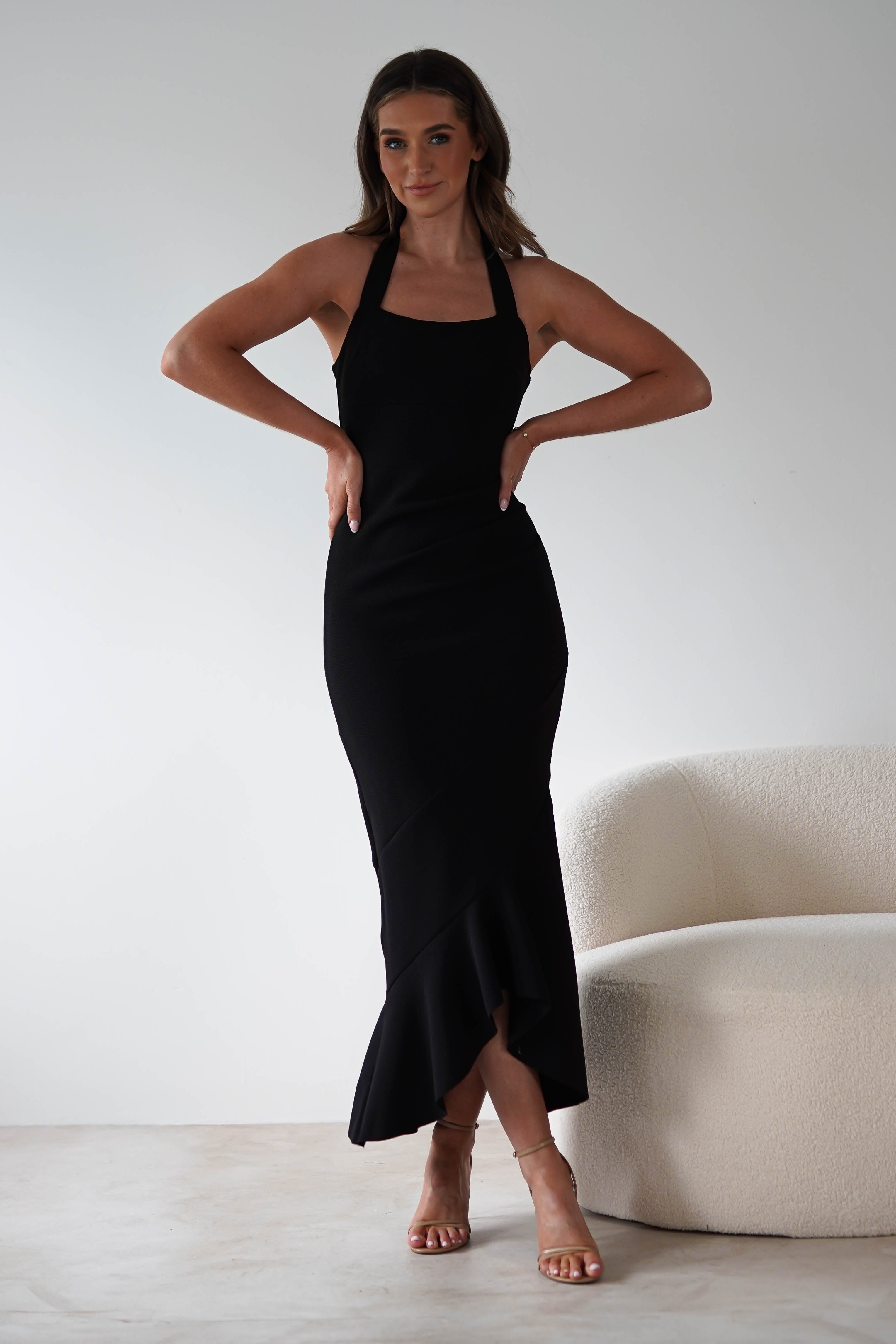 Damaris Textured Midi Dress for Women - Elegant Black Flowy Dress for Party, Wedding & Special Occasions