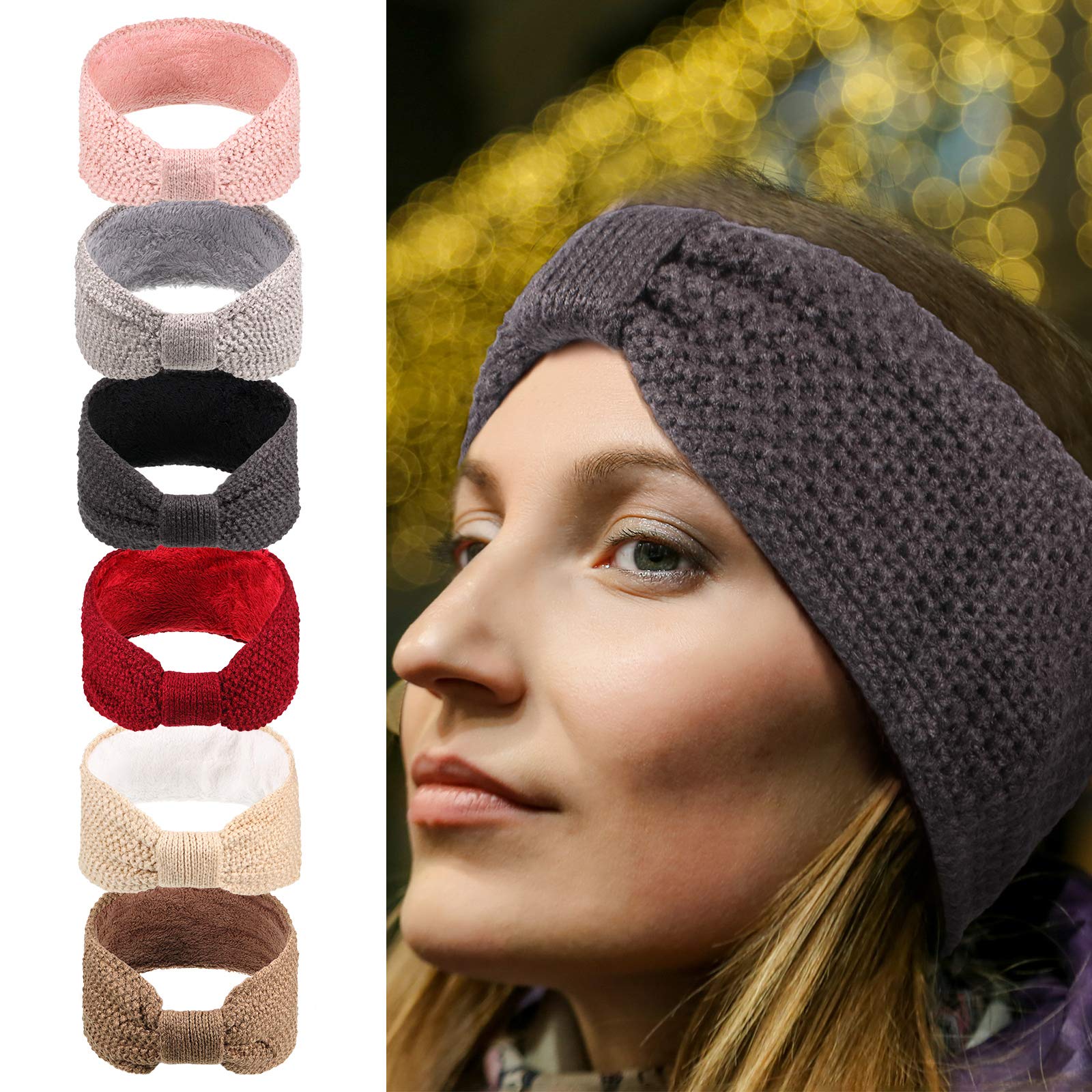 WILLBOND 6 Pack Winter Knit Bow Headbands - Fleece Lined Ear Warmers & Elastic Head Wraps for Women - Perfect for Christmas, Valentine's Day & Cold Weather Fashion Accessories