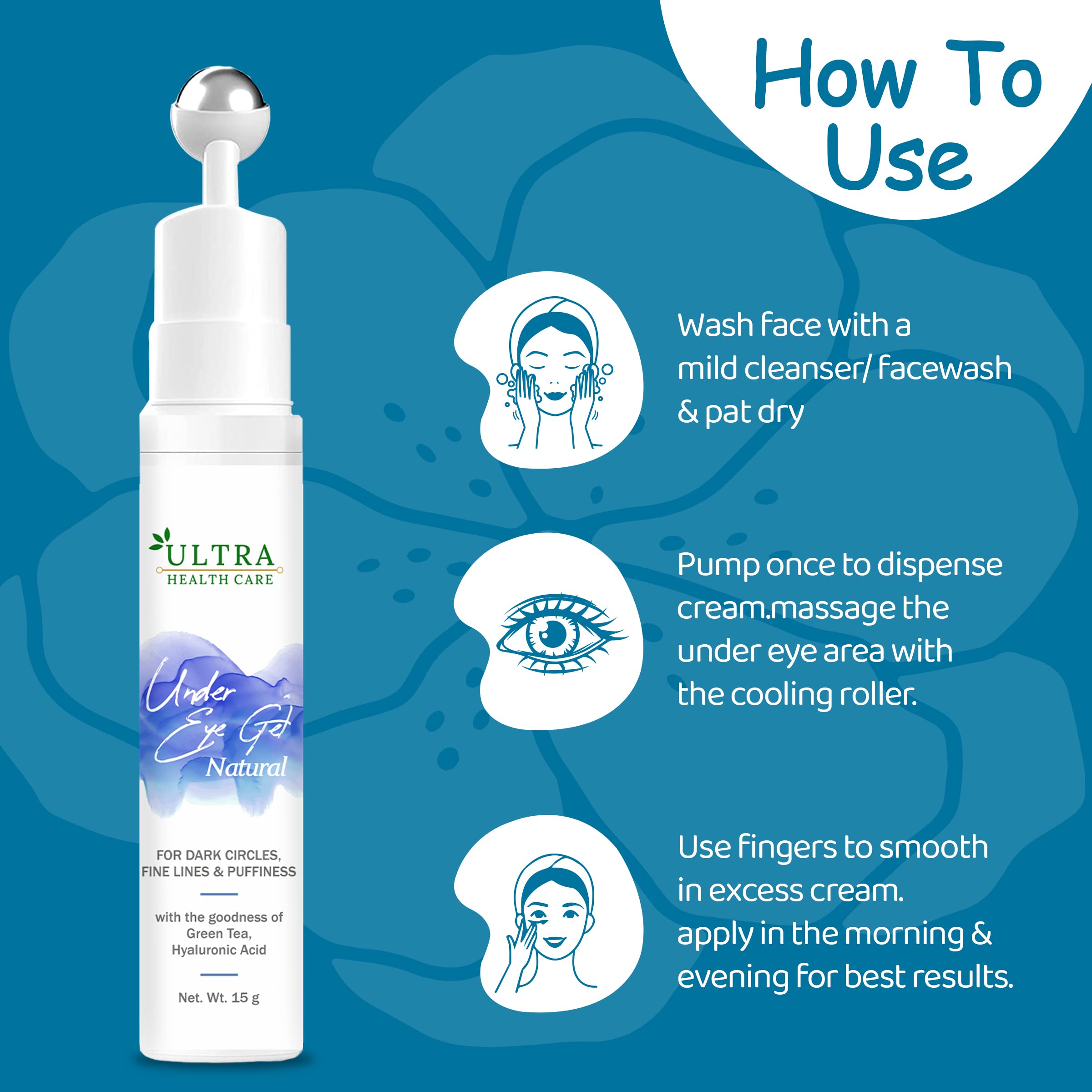 Ultra Healthcare Under Eye Gel with Cooling Massage Roller - Dark Circle & Puffiness Reducer with Green Tea & Hyaluronic Acid | Brightens, Hydrates & Reduces Fine Lines | Perfect for Morning & Night Skincare Routine