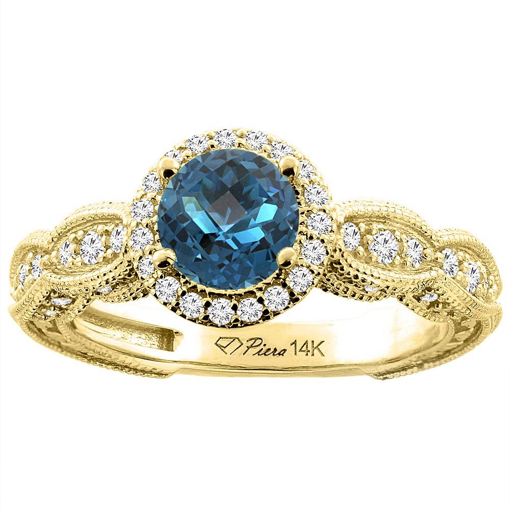 14K White Gold Natural London Blue Topaz & Diamond Halo Ring - Round 6mm Gemstone Engagement Ring for Women, Size 5-10 - Perfect for Proposals, Anniversaries & Special Occasions