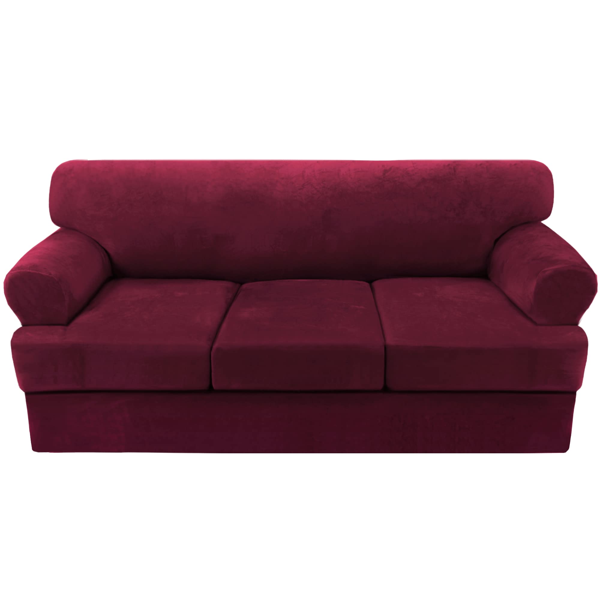 H.VERSAILTEX 4-Piece Velvet Sofa Cover Set - Stretchable T-Cushion Slipcover for 3-Cushion Couch, Burgundy Red - Thick Furniture Protector for Living Room, Lounge & Home Decor