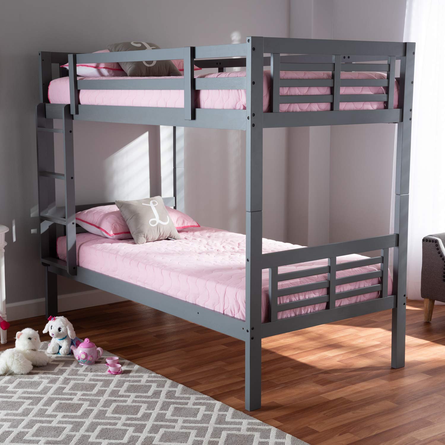 Baxton Studio Liam Modern Grey Wood Twin Bunk Bed - Contemporary Space-Saving Kids Bedroom Furniture for Small Rooms & Sleepovers