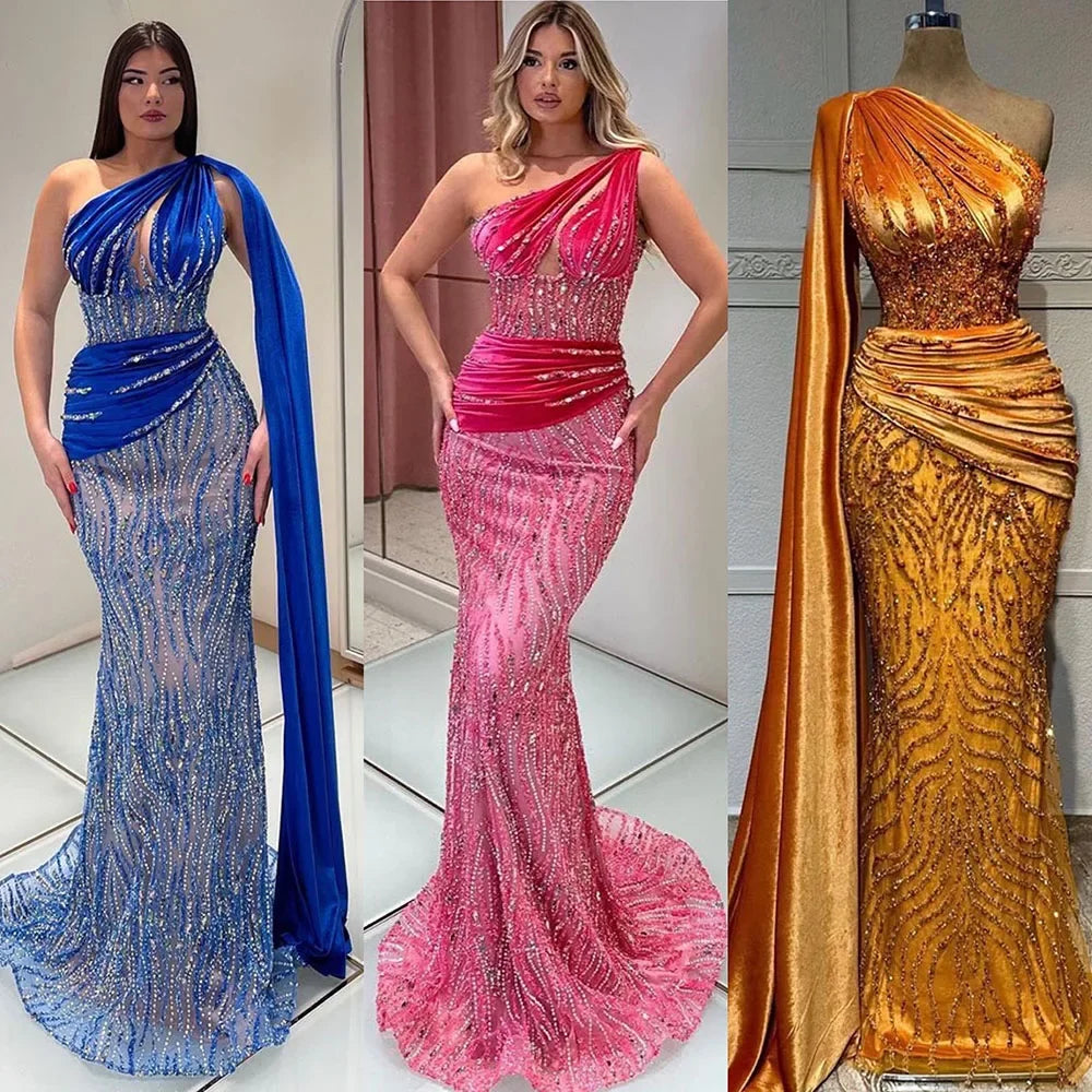 Serene Hill Blue Mermaid One Shoulder Elegant Cape Sleeve Beaded Luxury Evening Dress for Women - Perfect for Prom, Gala & Formal Parties 2025
