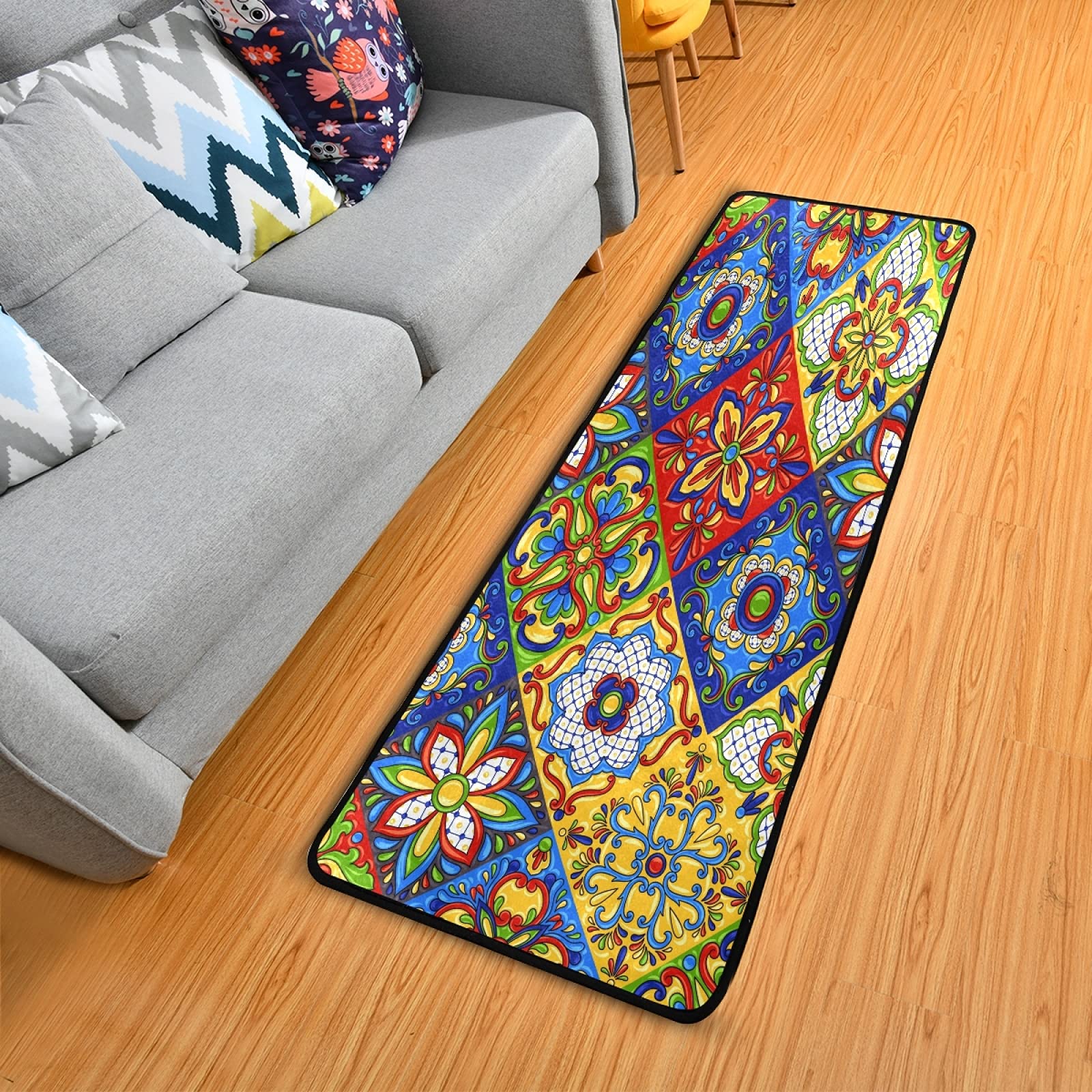 Authentic Mexican Talavera Ceramic Tile Pattern Runner Rug - Anti-Fatigue Comfort Floor Mat for Kitchen, Bedroom, Living Room, Bathroom & Hallways - 72x24 Inch Non-Slip Entryway Rug - Perfect for Southwestern & Boho Home Decor