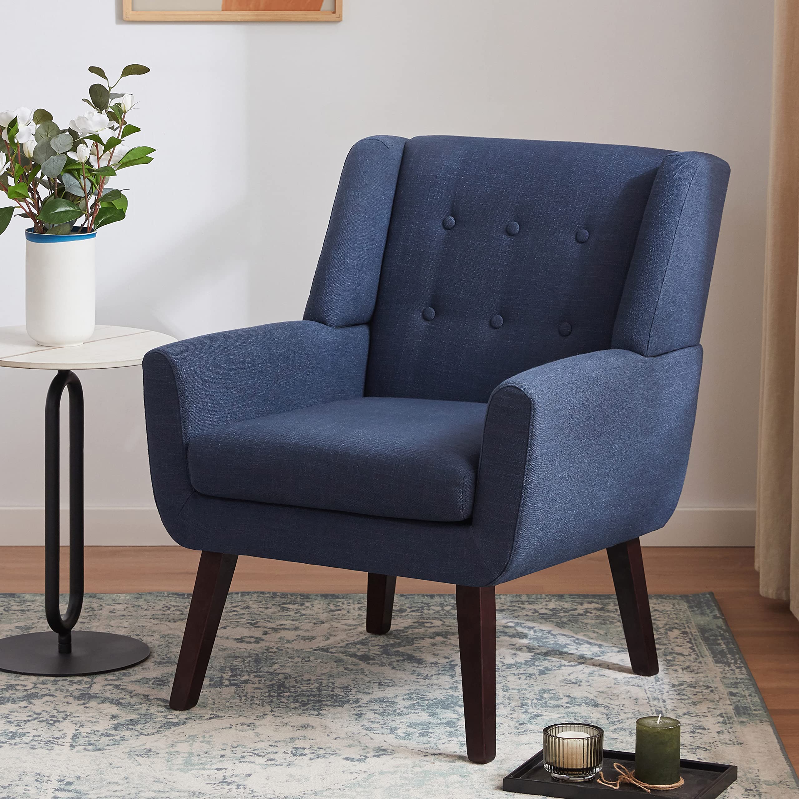 HUIMO Mid Century Modern Accent Chair - Dark Blue Upholstered Button Tufted Armchair with Linen Fabric for Living Room, Bedroom & Office - Comfortable Reading Chair for Relaxation & Home Decor