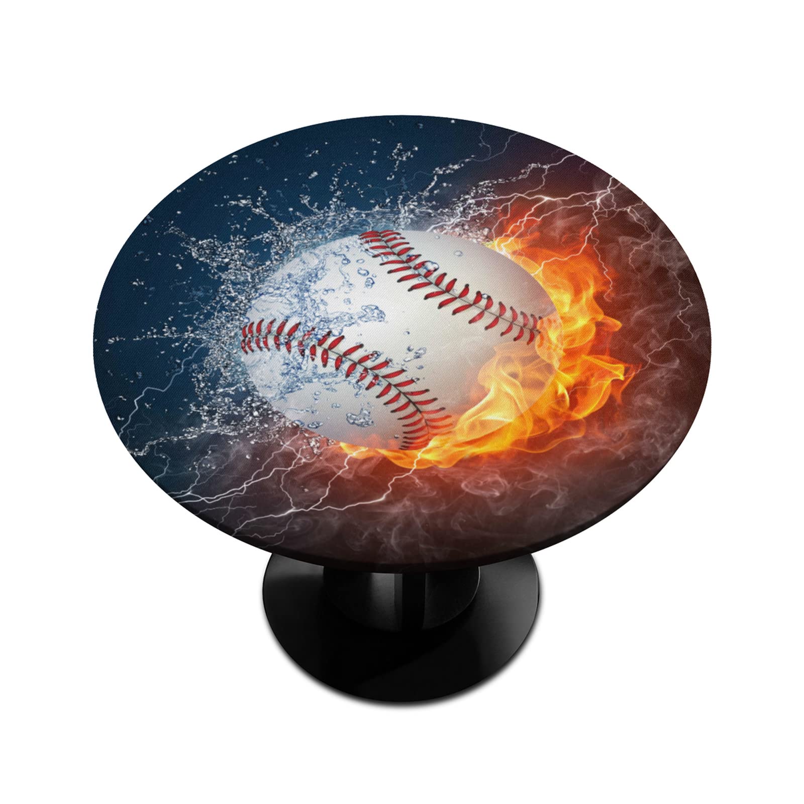 Waterproof Baseball Print Round Fitted Tablecloth - Elastic Edged Sports Theme Table Cover (Fits 36