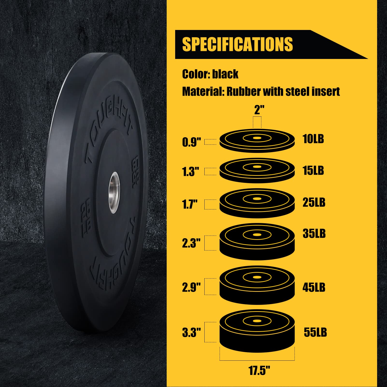 Olympic Bumper Plates with Steel Insert - 2 Inch Rubber Weight Plates for Strength Training & Muscle Toning - Pure Black (Single, Pair, or Full Set) - Perfect for CrossFit, Home Gym & Powerlifting Workouts