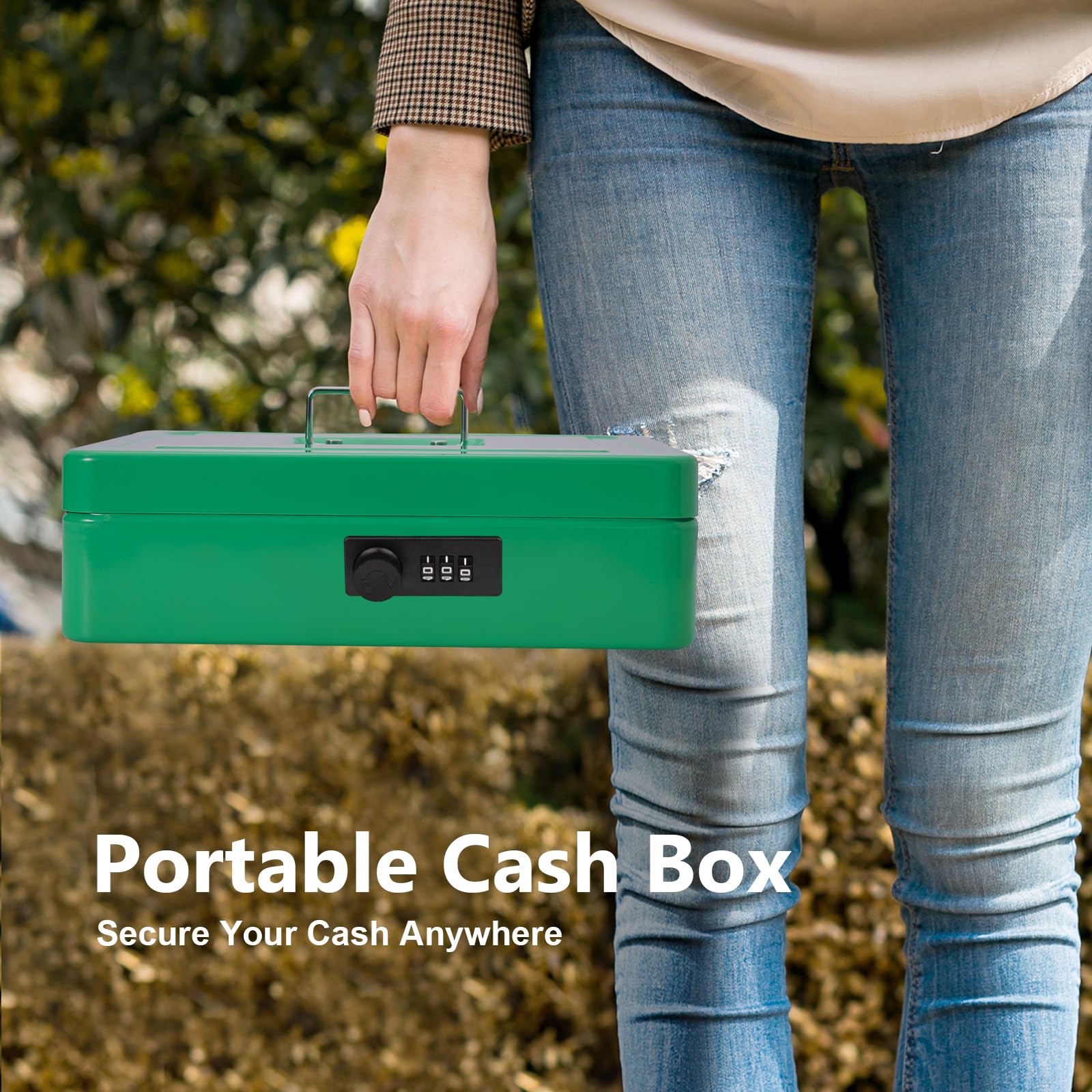 Secure Metal Cash Box with Combination Lock - Money Safe Box with Cash Tray, 4 Bill & 5 Coin Slots (11.8