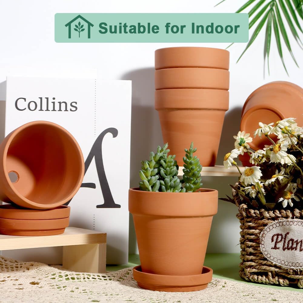 Vensovo 4 Inch Terracotta Plant Pots with Saucer - 6 Pack Clay Flower Pots with Drainage Hole for Succulents, Herbs, Indoor Plants | Perfect for Home Decor, Gardening, Wedding Favors & DIY Crafts
